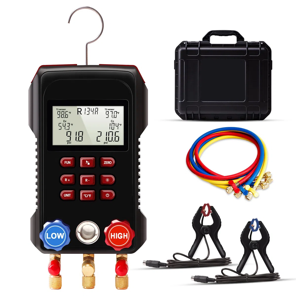 AMF-300 Manometro Digitale di Gas Refrigerazione, Manometro Per Vuoto Condizionatori per 93 tipi di refrigeranti con 2 morsetti di temperatura e tubi flessibili da 3000 PSI, HAVC Gigitale