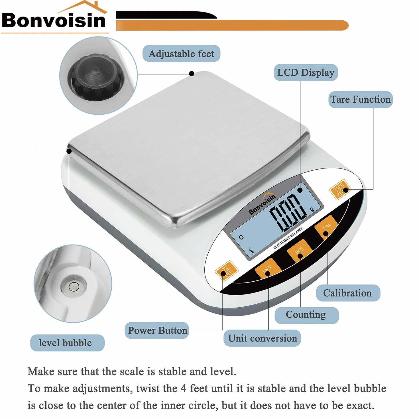 Bonvoisin Bilancia Analitica Digitale 5000g/0.01g Alta Precisione con Funzioni Tare e Conteggio