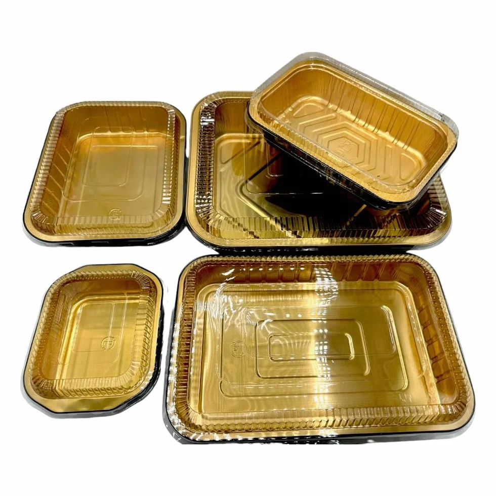 Contenitori Premium in alluminio laccati gold e black con coperchio in pet trasparente 50 pezzi (2040cc)