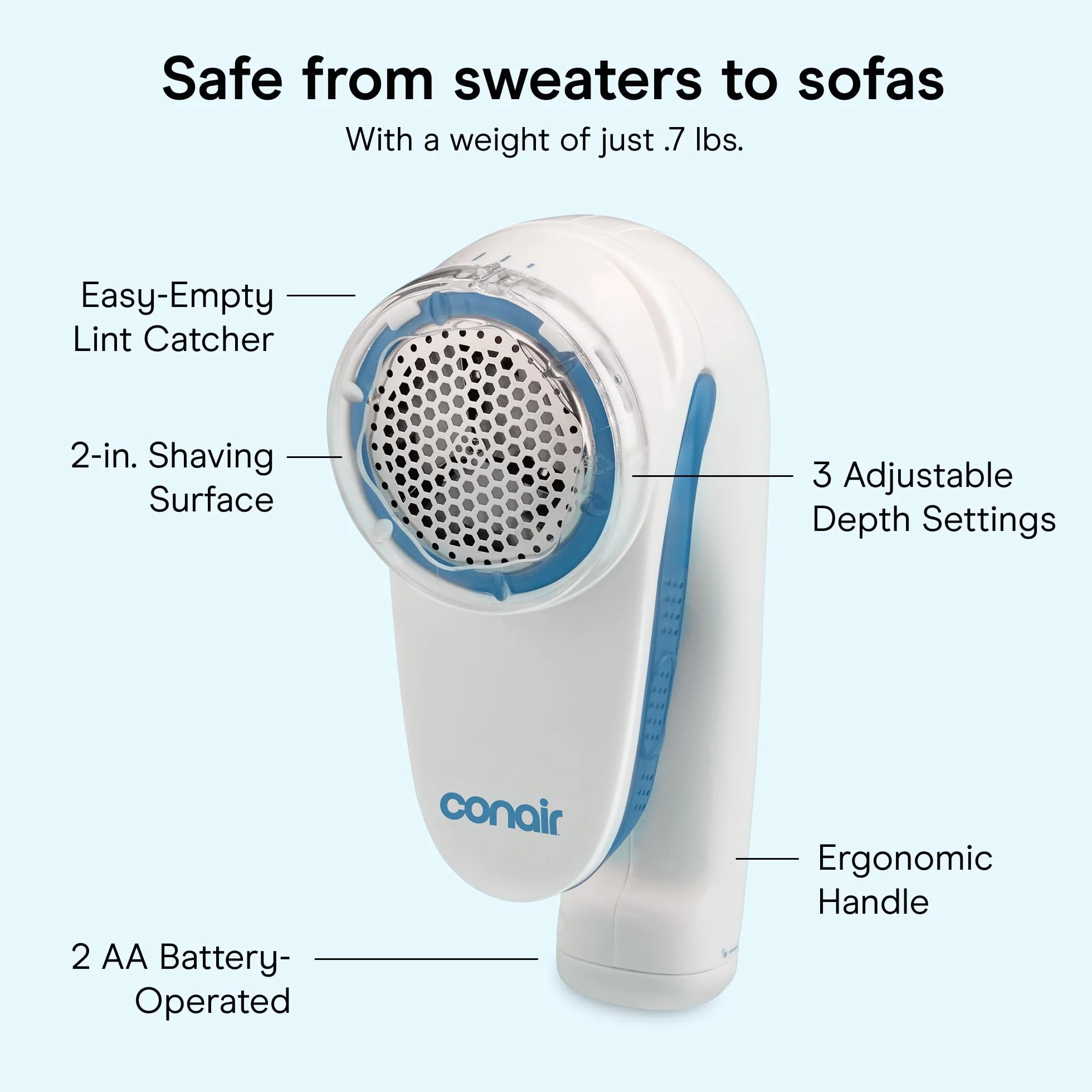 Conair CLS1XE Rimuovi Pelucchi a Batteria per Abiti e Tessuti, Testa Grande, Bianco/Blu