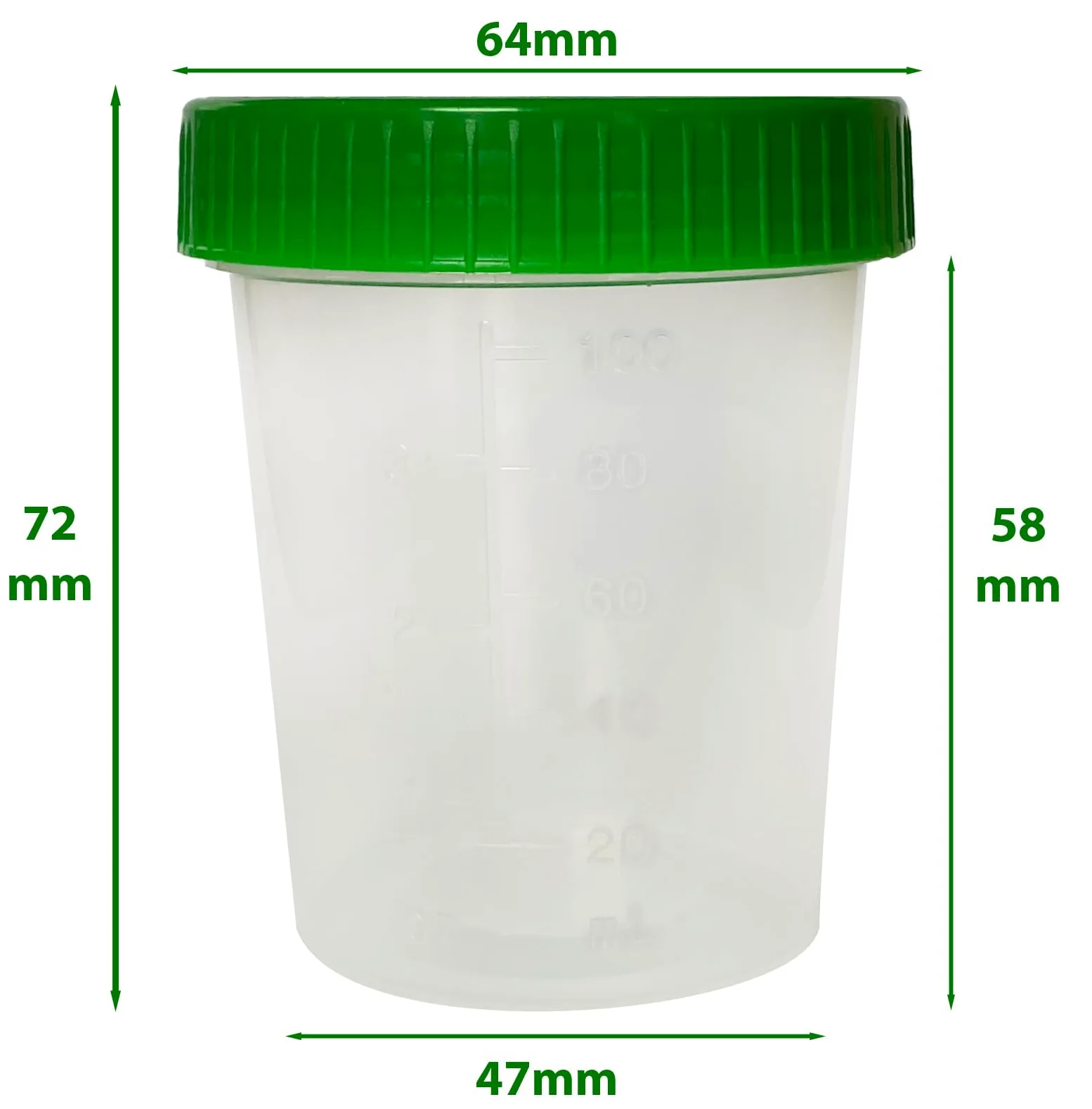 Tiga-Med Bicchieri per urina/campione, 500 pezzi, 125 ml, con tappo a vite verde, graduati fino a 100 ml, scrivibili