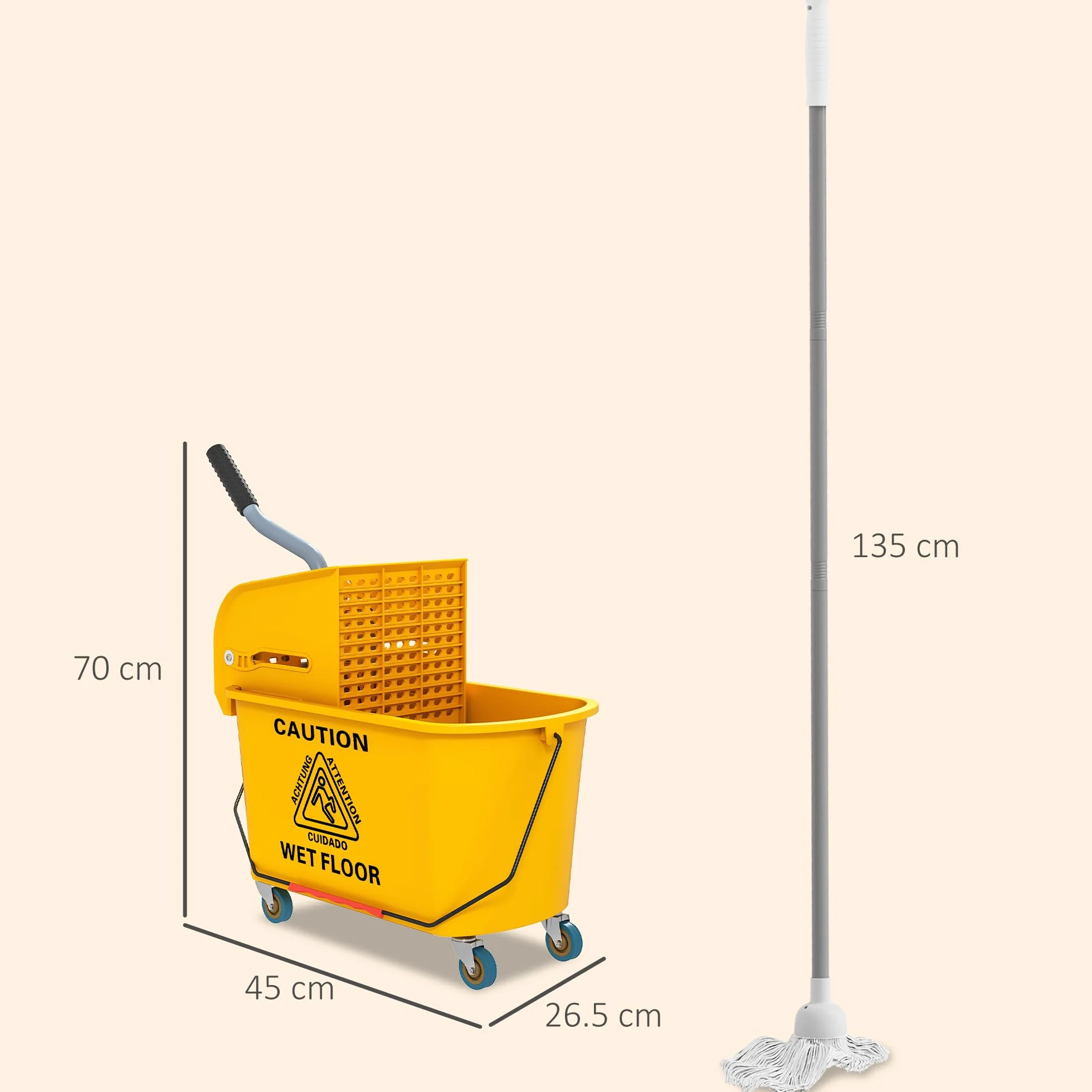 HOMCOM Carrello Pulizie 20L con Mocio e Secchio Lavapavimenti, Strizzatore Plastica, 4 Ruote, Giallo