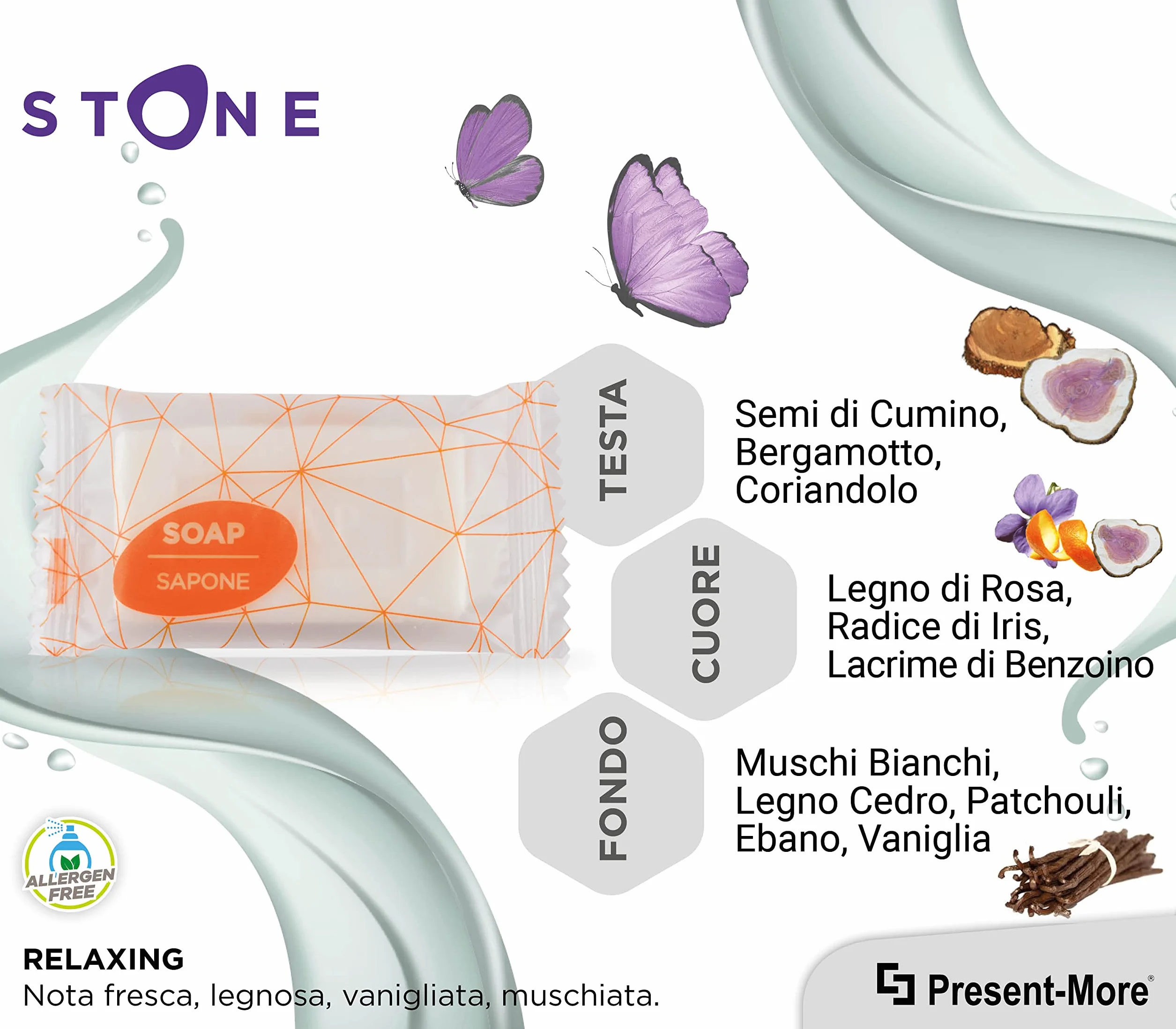 PRESENT-MORE - Saponette Hotel 12gr Stone - Confezione da 250 Pezzi - Saponetta Mani Senza Allergeni - Fragranza Relaxing - Ideale per Hotel e B&B
