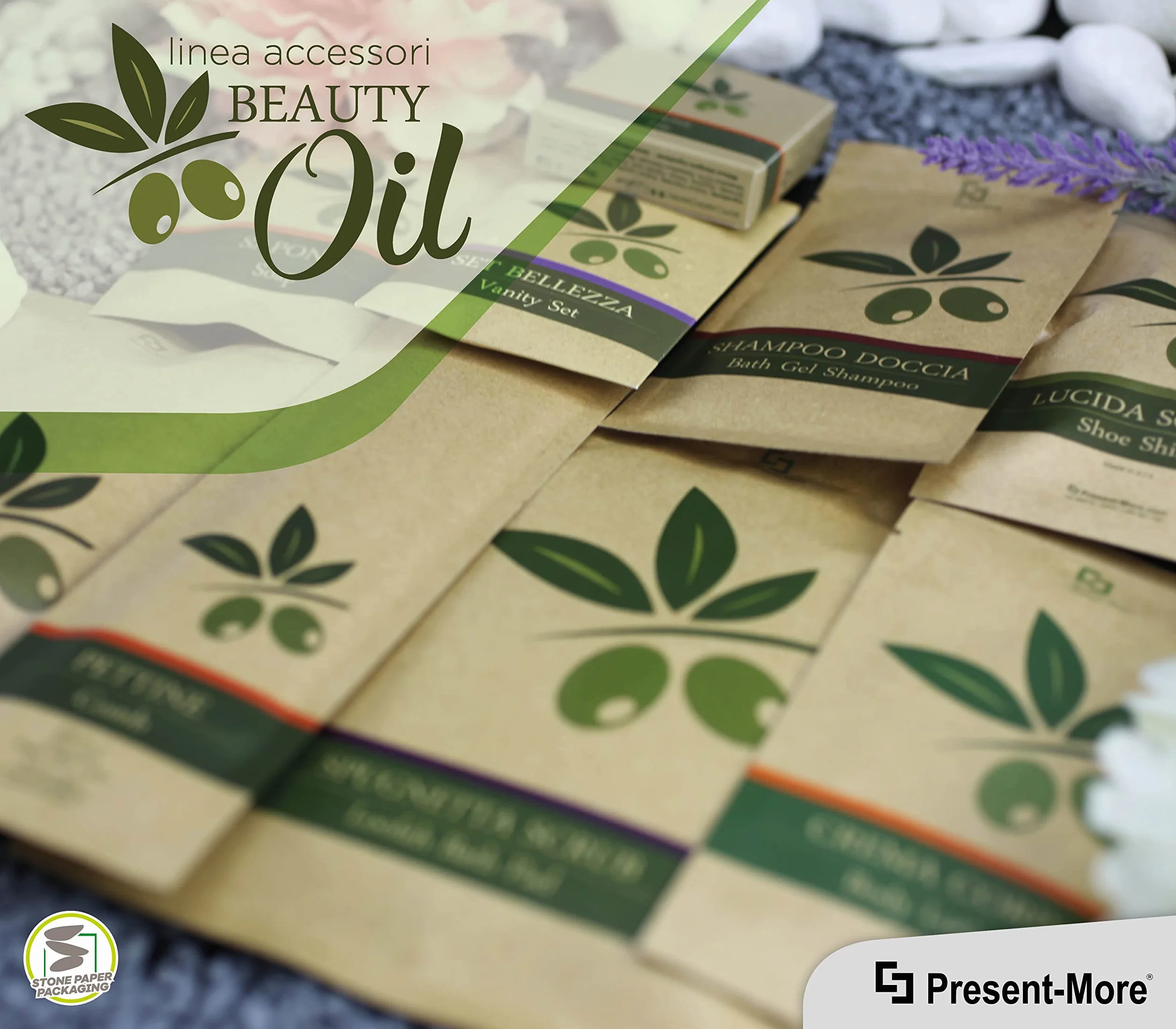 PRESENT-MORE - Vanity Set 250 Pezzi - Linea Beauty Oil - Kit con Dischi Struccanti, Limetta per Unghie e Cotton Fioc - Packaging Ecologico in Stone Paper - Ideale per Hotel e B&B