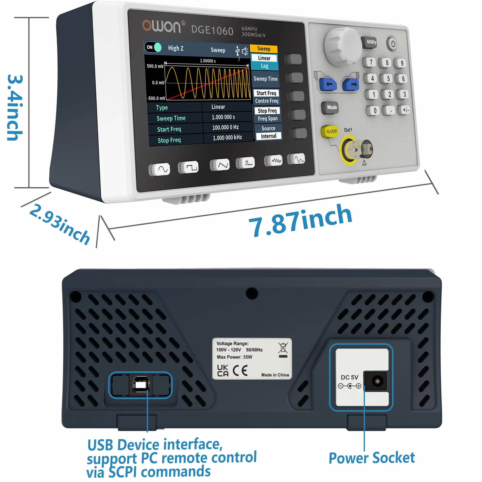 OWON DGE1060 Generatore di forma d'onda 60 MHz 300 MSa/s 14 bit 8K