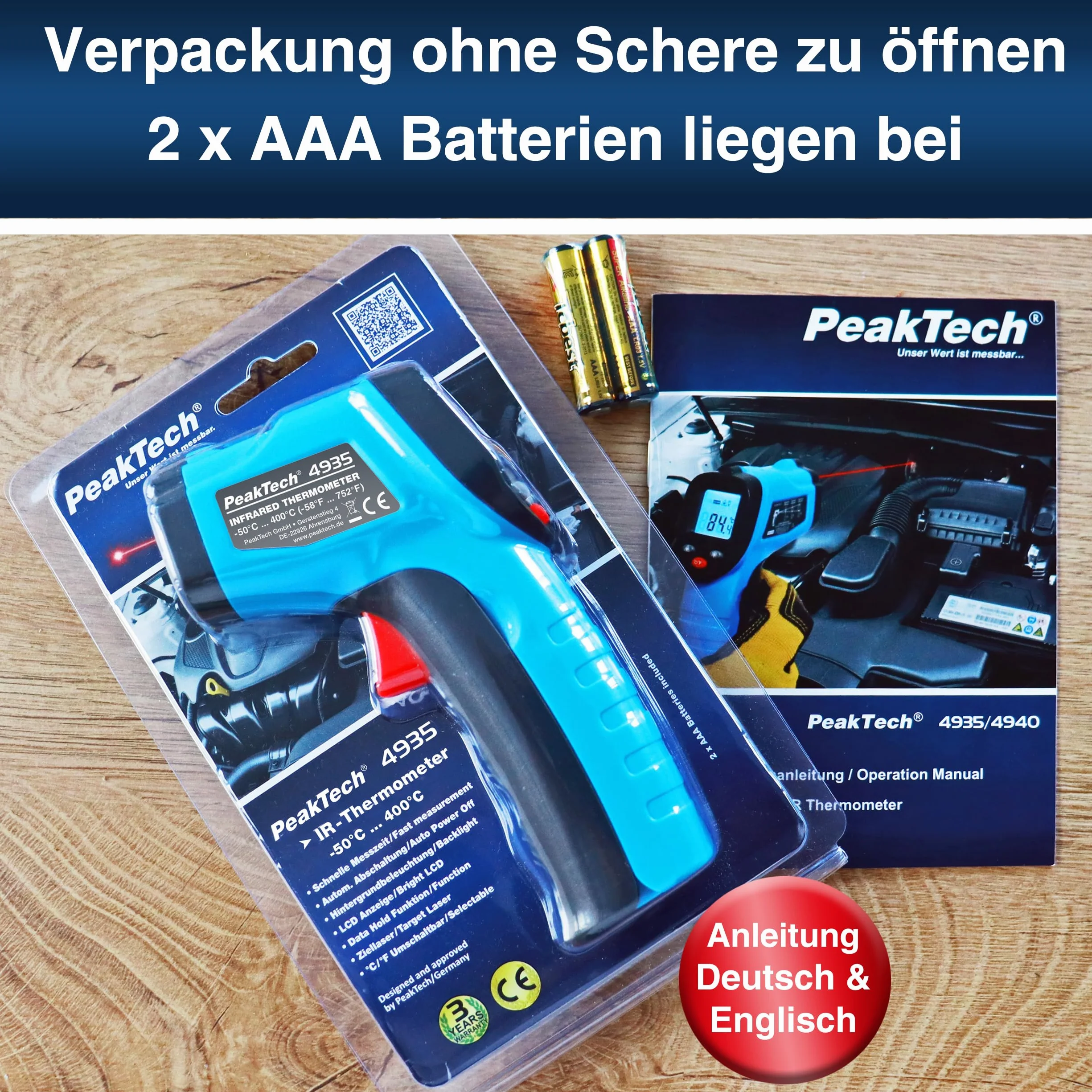 PeakTech 4940 Termometro a infrarossi con laser -50°C a 600°C 12:1 0,5s emissività 0,95