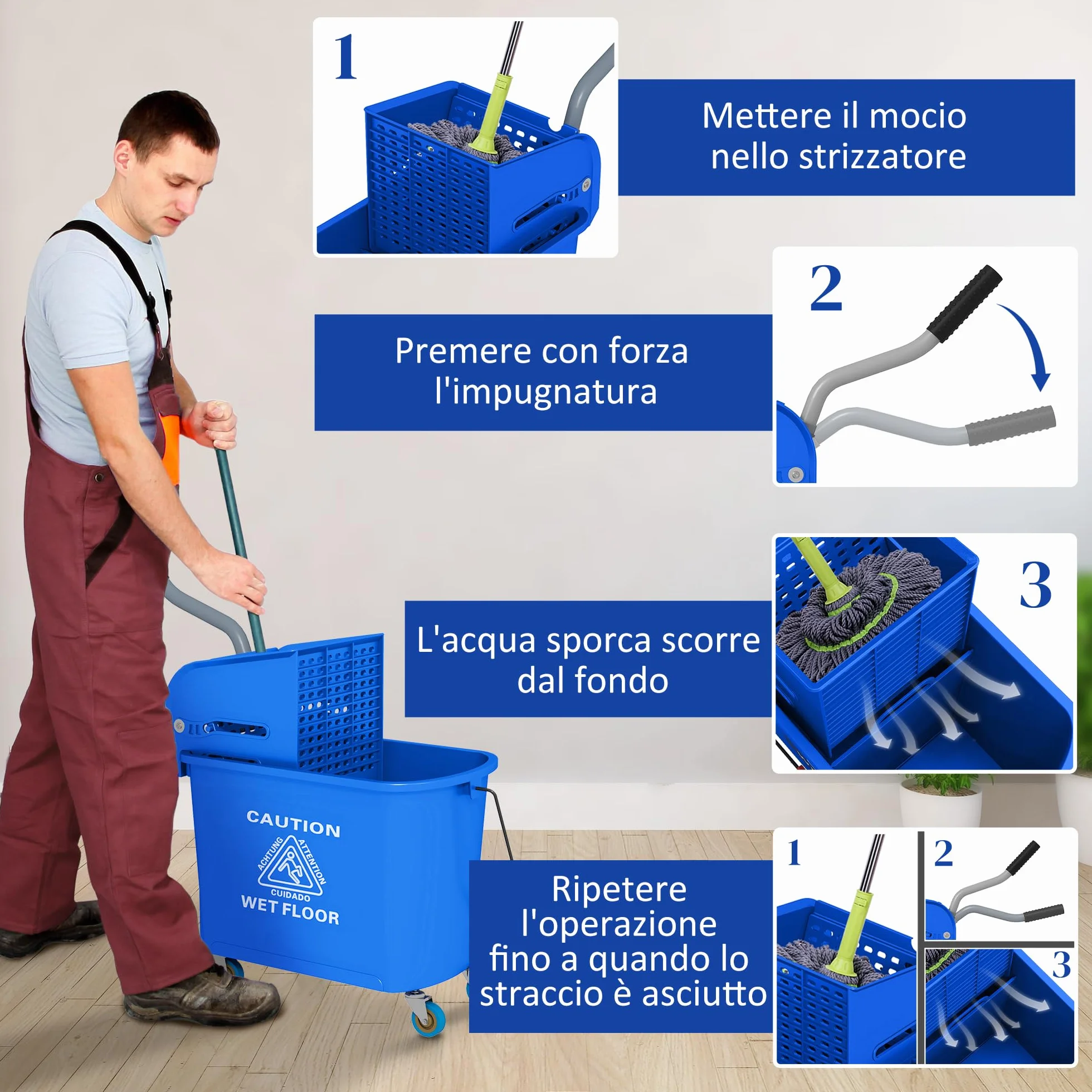 HOMCOM Carrello Pulizie Professionali 20L con Secchio Mocio e Strizzatore, 60x27x70.5 cm, Blu