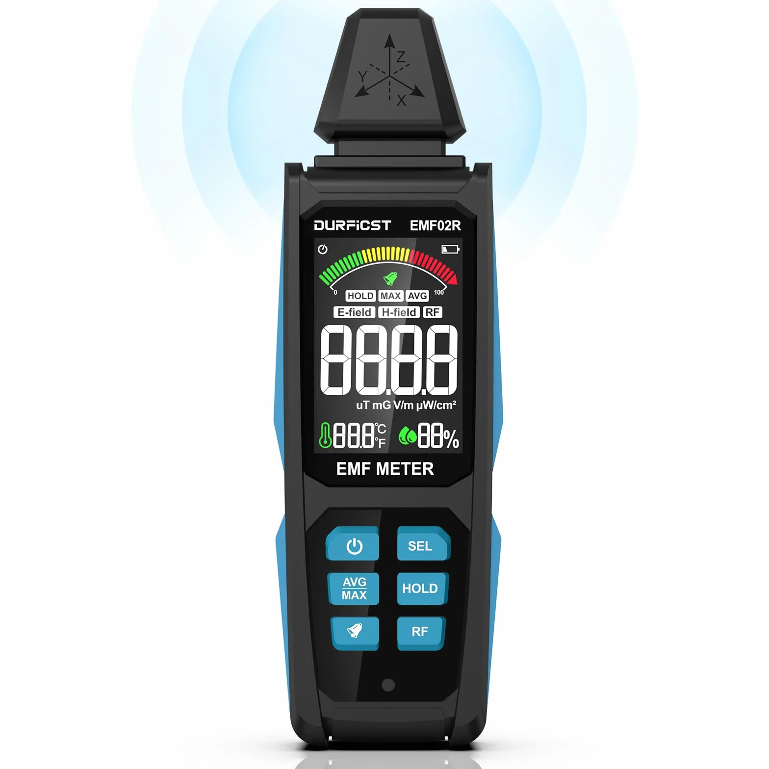 Misuratore EMF, DURFICST 5 in 1 Rilevatore di radiazioni elettromagnetiche digitali ricaricabili per segnali EF, RF, MF e WiFi, adatto per 5G, torri cellulari, contatori intelligenti, WiFi, Bluetooth