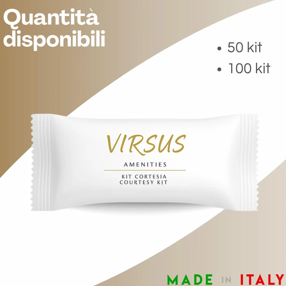 Virsus 400 Pezzi Kit Cortesia in 100 Bustine contenente ognuna: 1 Bustina Igiene intima 10ml, 1 Bustina Doccia Shampoo 10ml, 1 Saponetta 9gr, 1 cuffia monouso per Albergo Hotel B&B, Linea cortesia