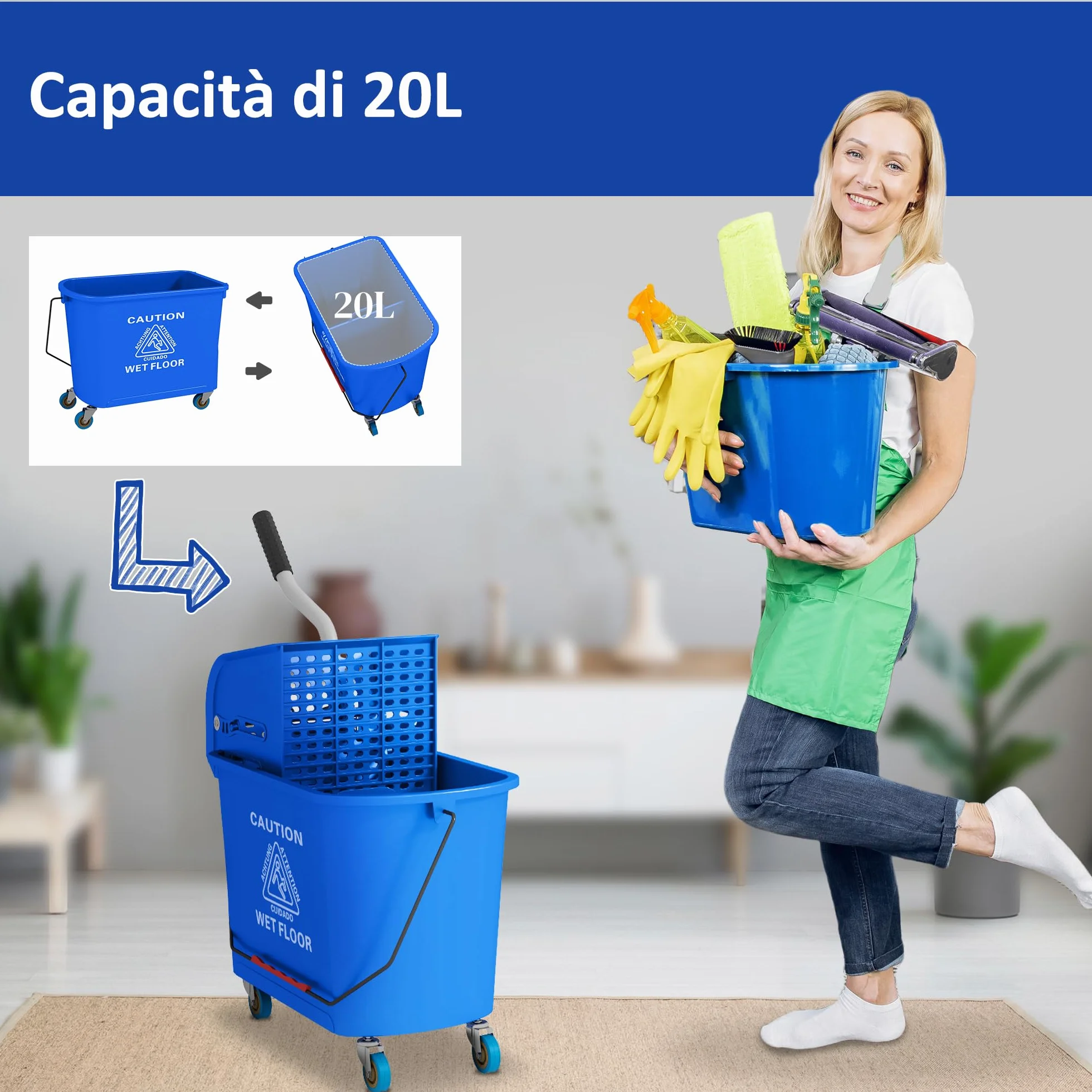HOMCOM Carrello Pulizie Professionali 20L con Secchio Mocio e Strizzatore, 60x27x70.5 cm, Blu