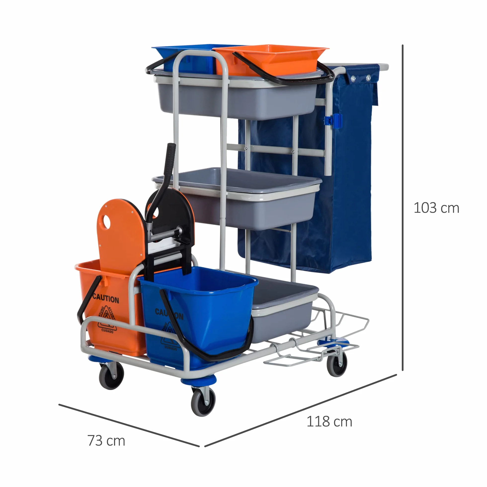HOMCOM Carrello per Pulizie 4 Secchi Rotelle Borsa di Tela 118 × 73 × 103cm