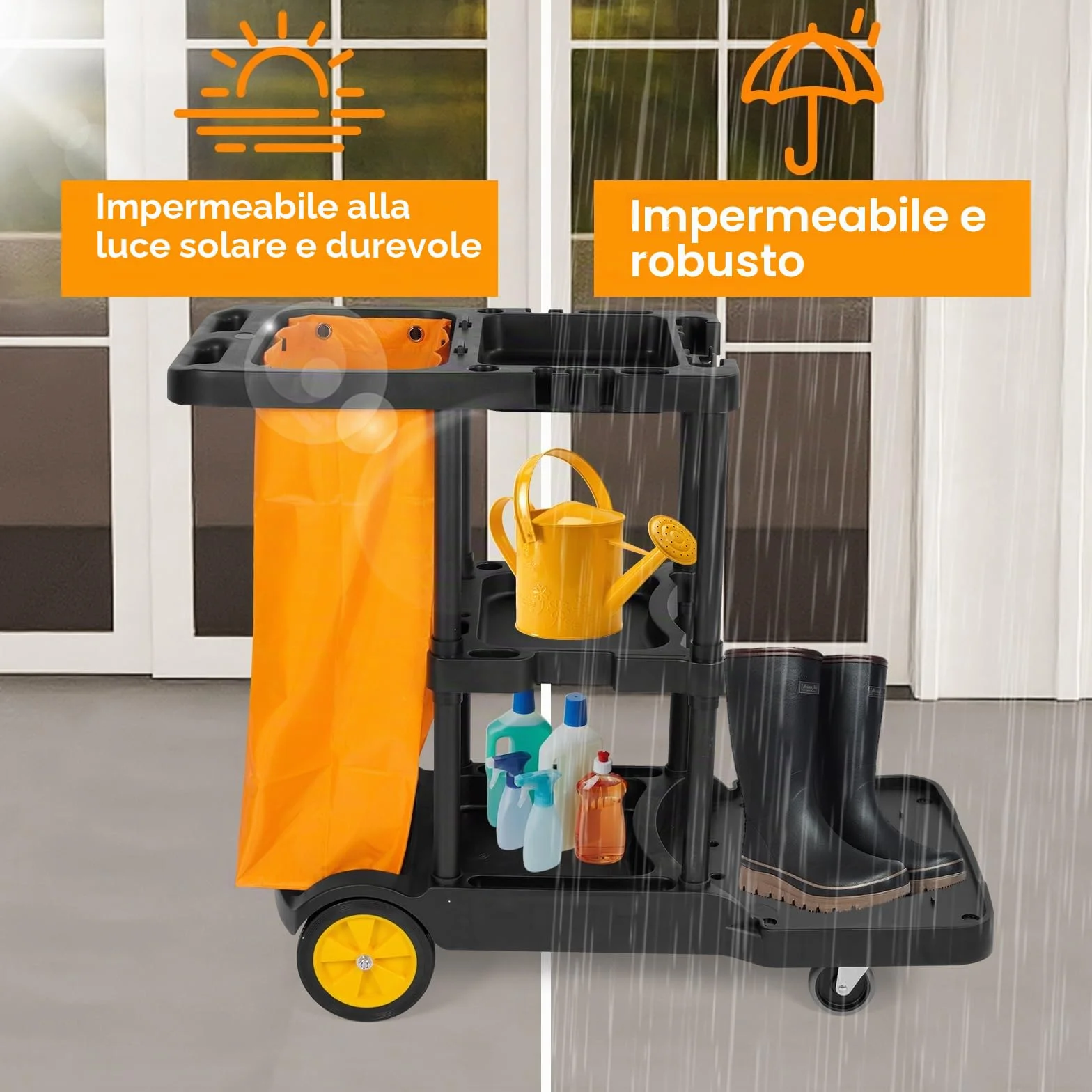 Bimiti Carrello per la pulizia professionale 113x56x93 cm 3 ripiani sacco da 65 L giallo nero
