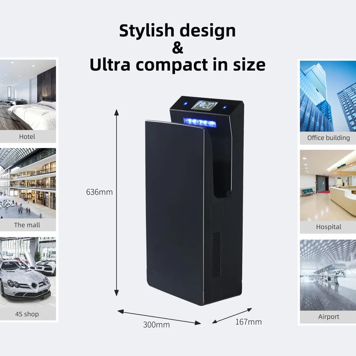Asciugamani Elettrico 1350W con Display LCD, Luce UVC e Filtro HEPA, Ionico, Nero Opaco