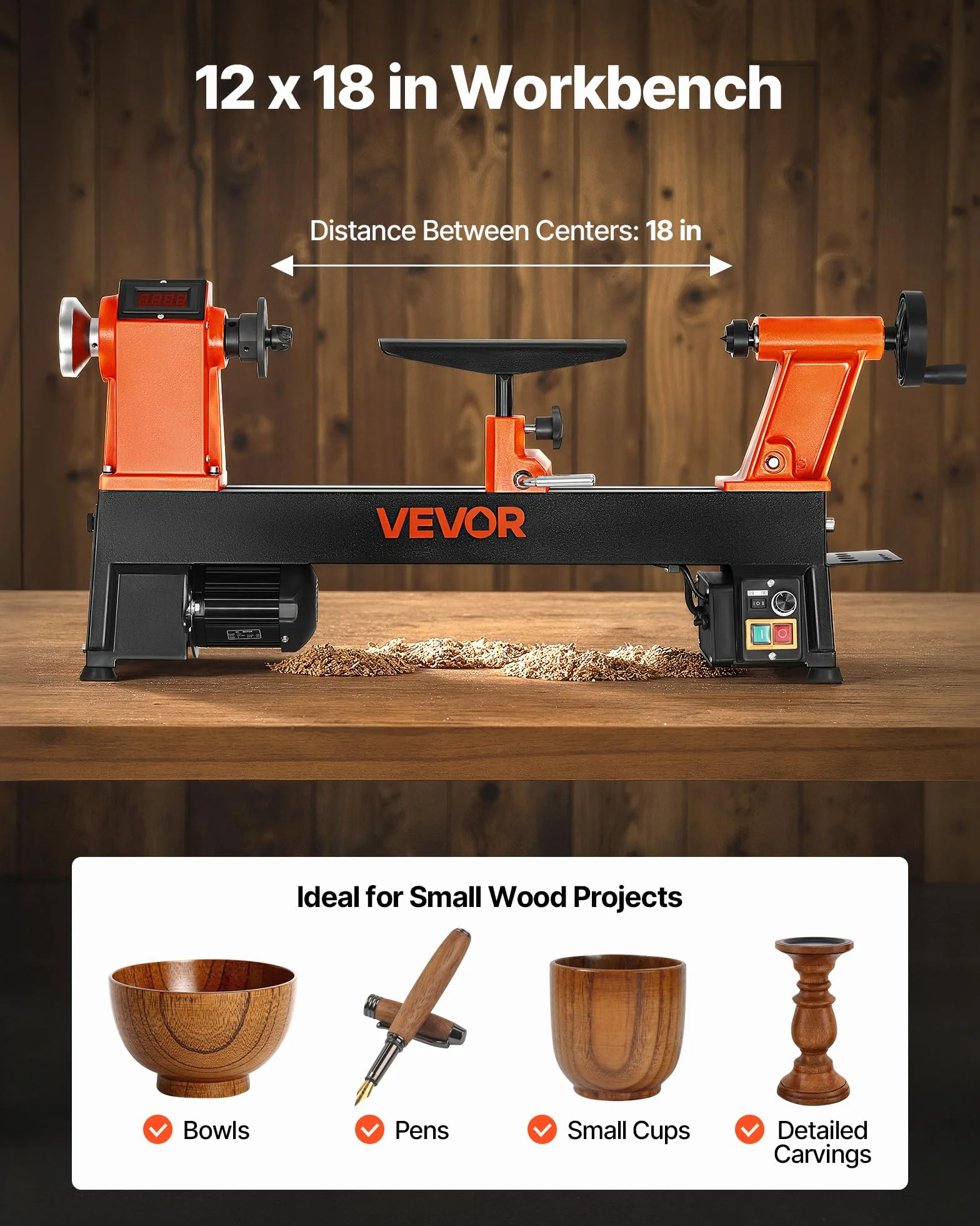 VEVOR Tornio per Legno, 1 CV, Tornio da Banco per Legno con Velocità Variabile da 0 a 3800 giri/min, Banco da Lavoro da 304 x 465 mm, Motore DC Senza Spazzole, Costruzione in Ghisa