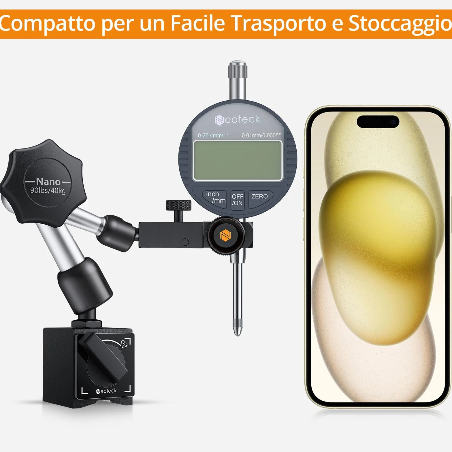 Neoteck 0-25.4mm Comparatore Centesimale con Base Magnetica 90lbs(40kg) Indidatore Elettronico dell'indicatore Digitale a Quadrante 0.01 mm (0.0005") con Braccio Flessibile Conversione mm/pollici