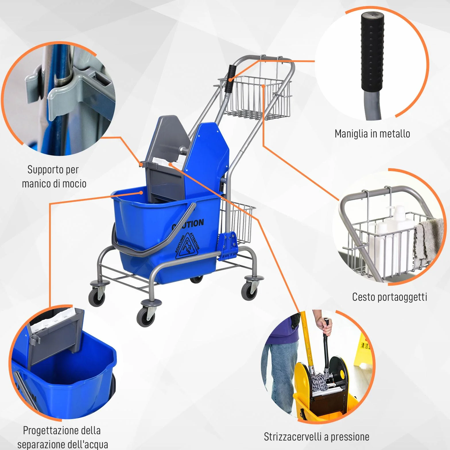 HOMCOM Carrello Pulizie 26L con Secchio Mocio e Strizzatore, 2 Cestini Rete Metallo, Maniglia 4 Ruote, Blu