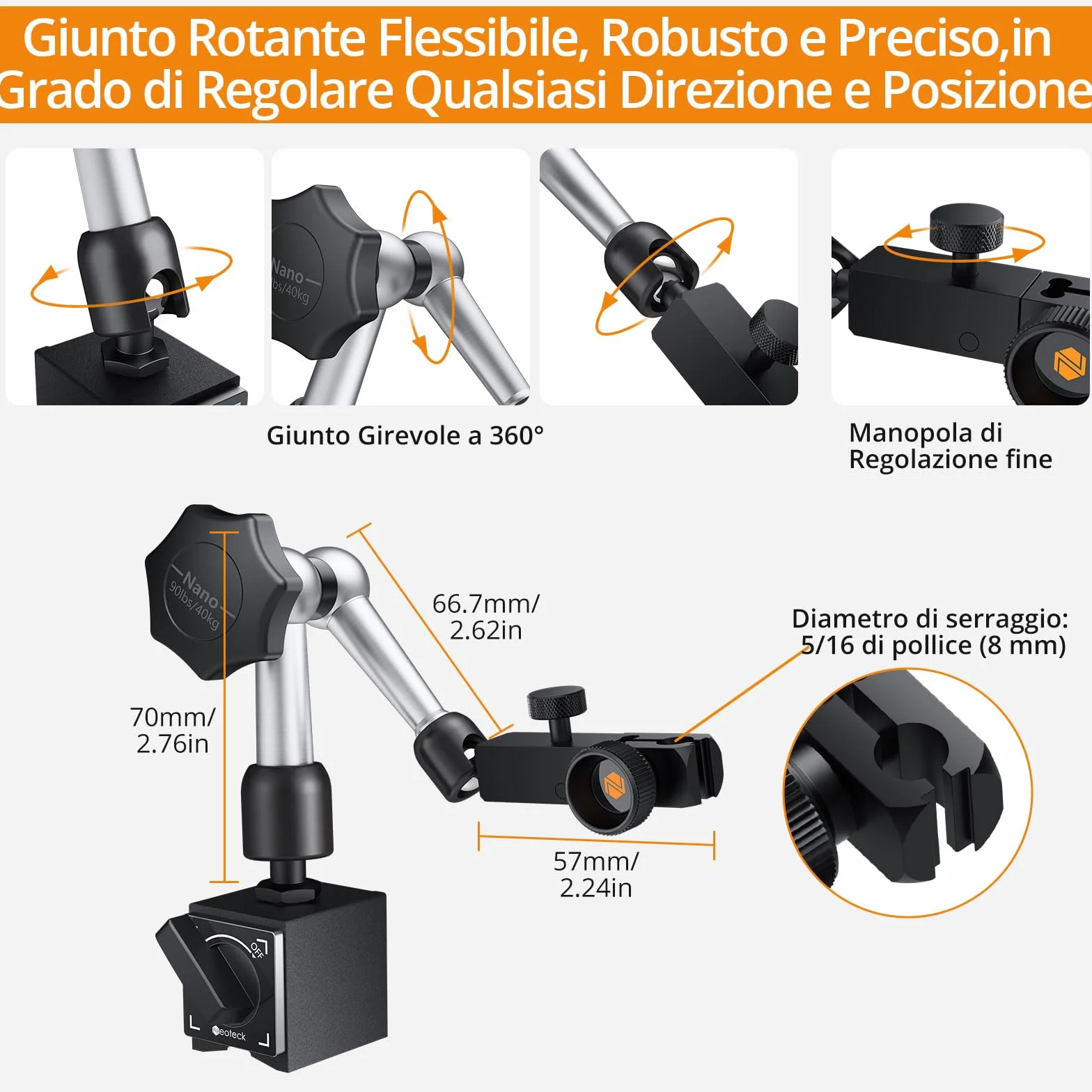 Neoteck 0-25.4mm Comparatore Centesimale con Base Magnetica 90lbs(40kg) Indidatore Elettronico dell'indicatore Digitale a Quadrante 0.01 mm (0.0005") con Braccio Flessibile Conversione mm/pollici