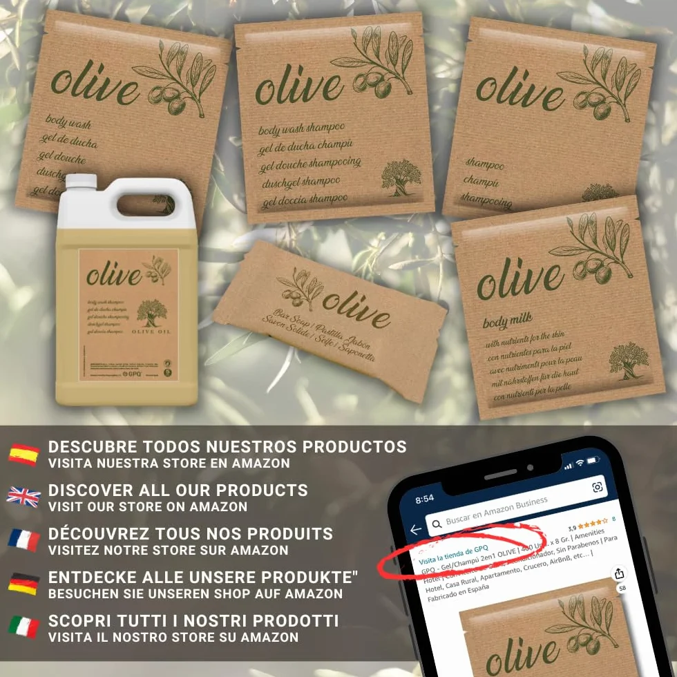 GPQ - Confezione OLIVE Amenities Hotel | Kit gel doccia + shampoo + saponetta | 100 pezzi x 3 Prodotti | Senza Parabeni | Appartamento, B&B, Casa Rurale, Viaggio, Ospiti | Prodotto nell'UE