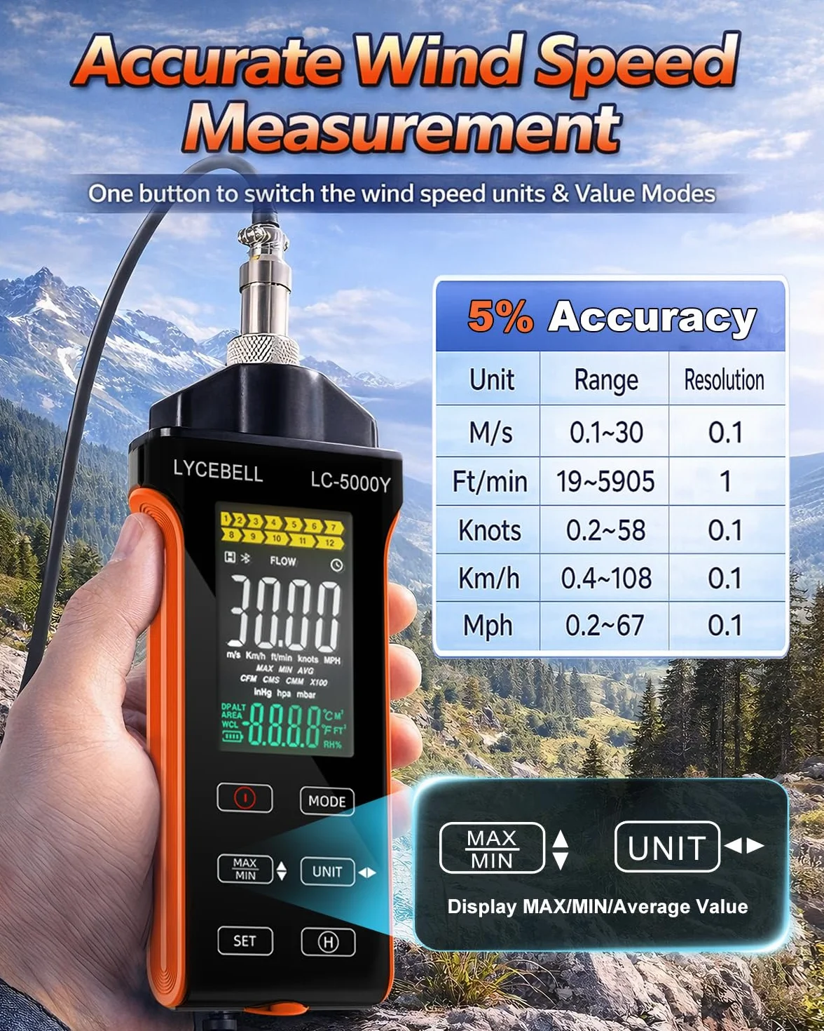 Anemometro a filo caldo LYCEBELL 5000Y 0,1-30 m/s IP54 batteria USB-C per HVAC