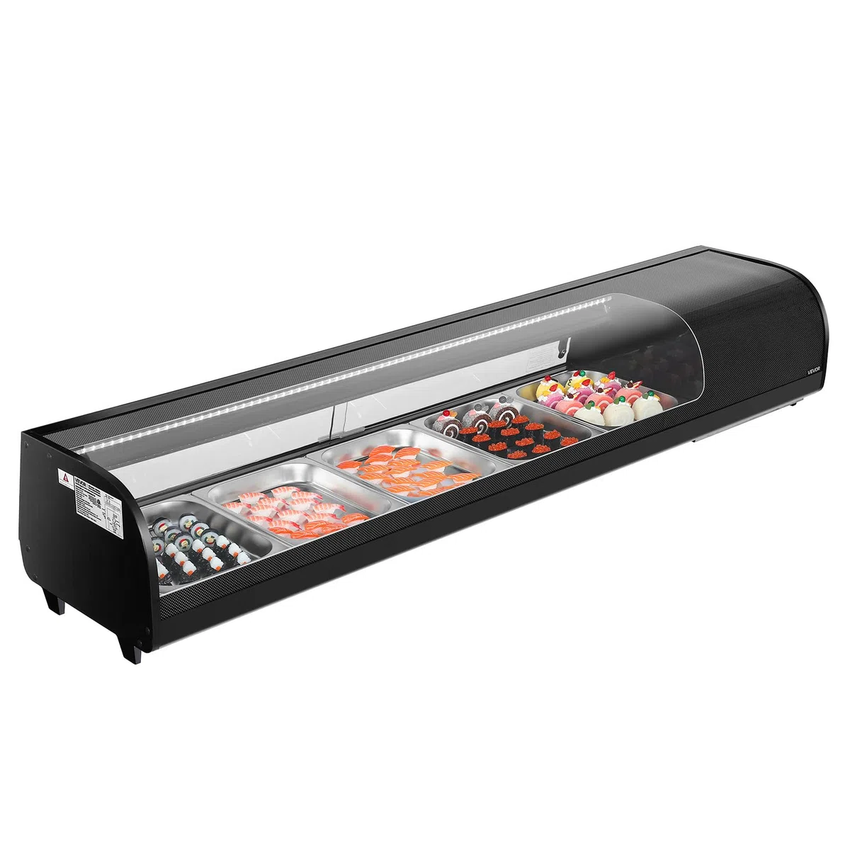 VEVOR Vetrina Refrigerata per Sushi Commerciale da 82 L, 5 Teglie con Vetro Curvo, Illuminazione a LED e Controllo Digitale della Temperatura, Frigorifero per Bancone Ristorante Negozio