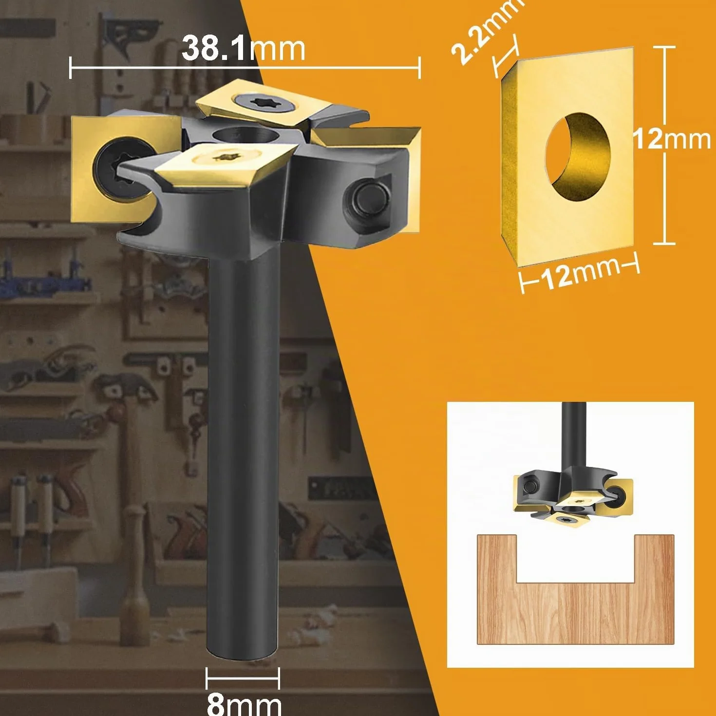 SpeTool Fresa per Spianare Fresa per Legno Gambo 8mm CNC con 2+2 Inserti in Carburo di Tungsteno a Spianare Fresatrice Verticale Legno Diametro di Taglio 38,1mm Rivestimento ATS