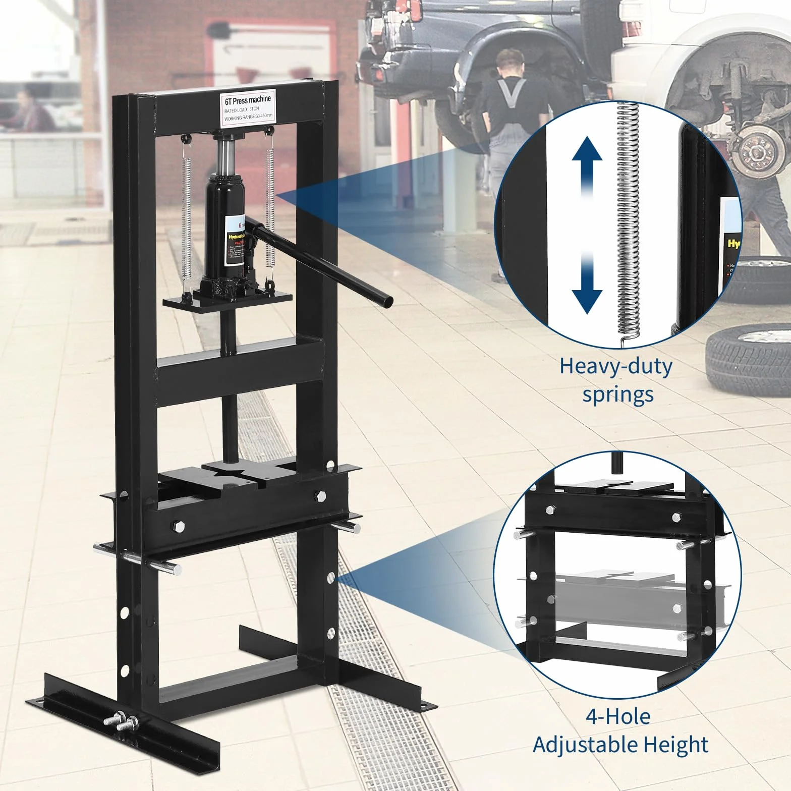 Pressa Idraulica 6 Ton H-Frame Altezza Regolabile Piastre Incluse Valvola Sicurezza