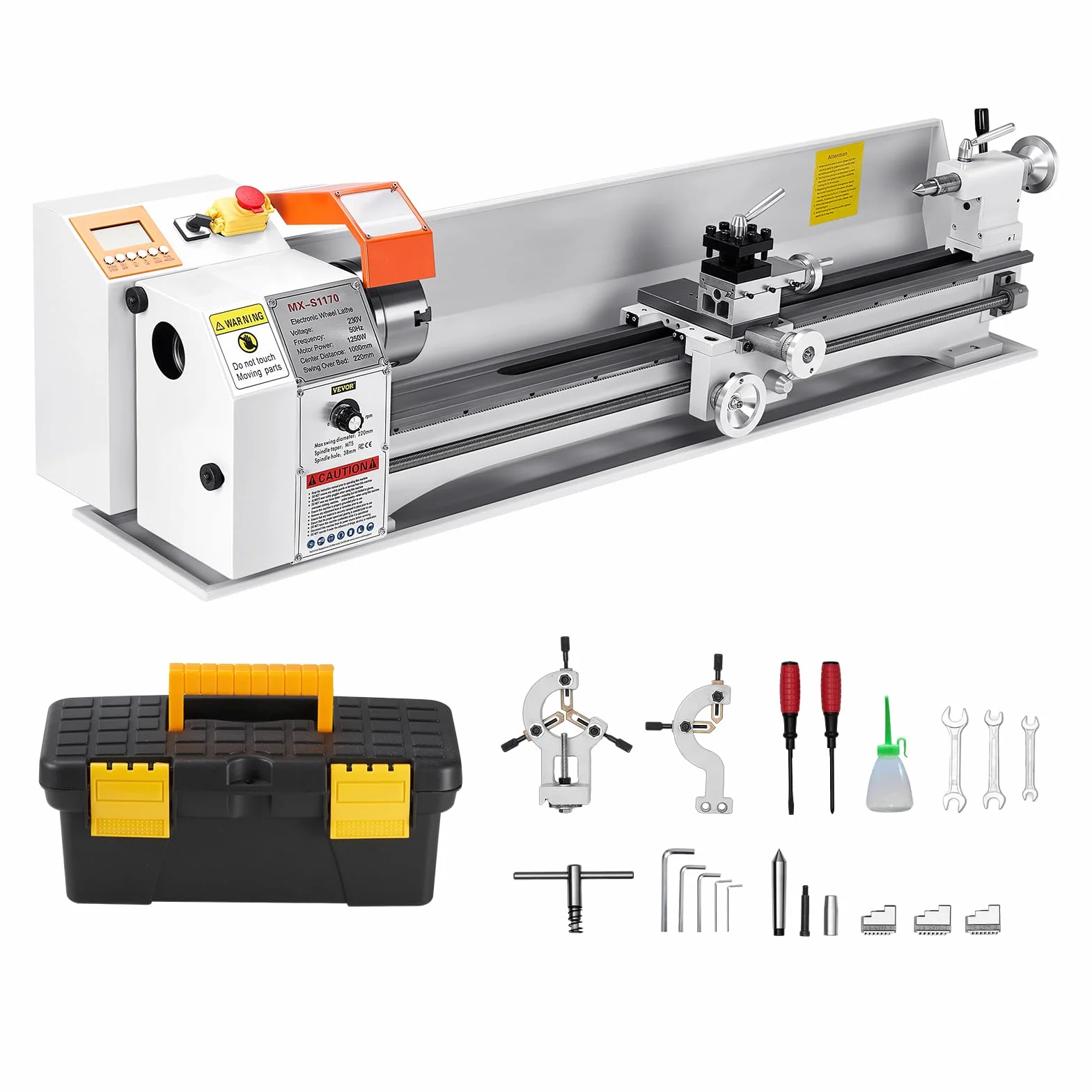 VEVOR Tornio per Metalli Legno, 220 x 1000 mm, Tornio di Precisione da Banco per Metalli, Avanzamento Automatico, Variabile Velocità 2500 Giri al Minuto, Motore Senza Spazzole 1250 W