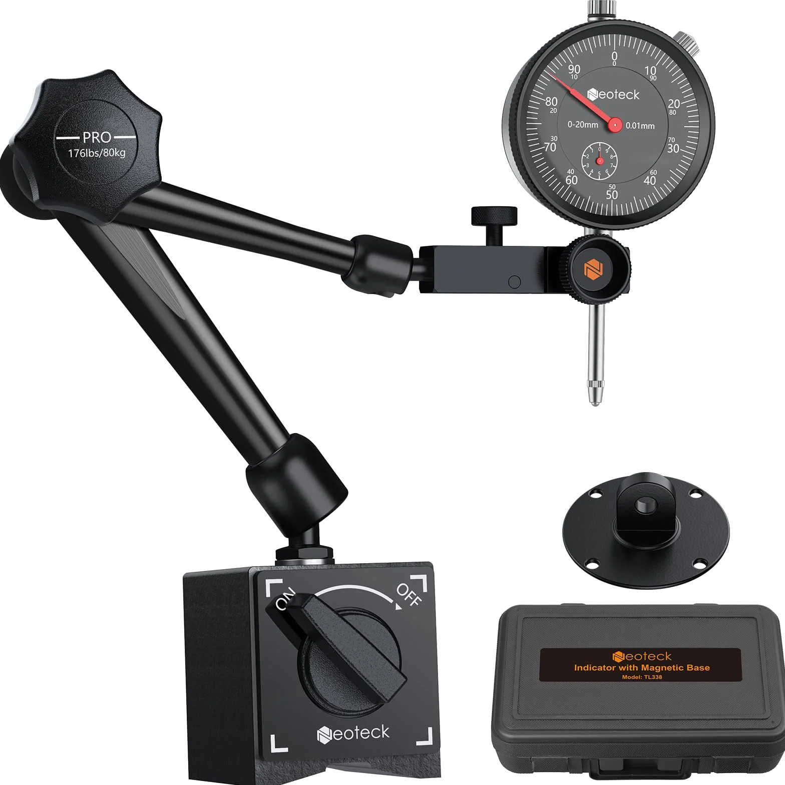 Neoteck Comparatore Centesimale Meccanico 0-20mm con Base Magnetica Set Indicatore Metrico in Acciaio Inox + Staffa Flessibile braccio Porta Quadrante Max Pull 80KG Controllo ON/OFF -Nero