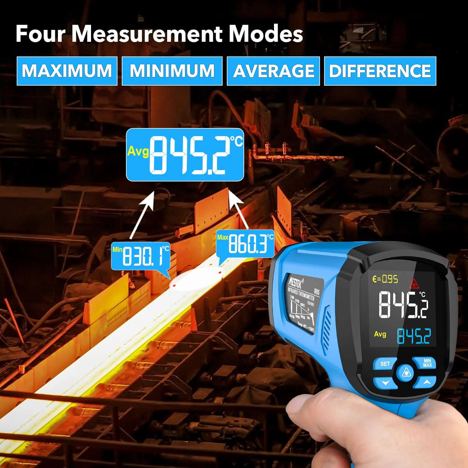 MESTEK Termometro a Infrarossi -40°C~1600°C Digitale Laser Pirometro con K-Probe D:S-50:1