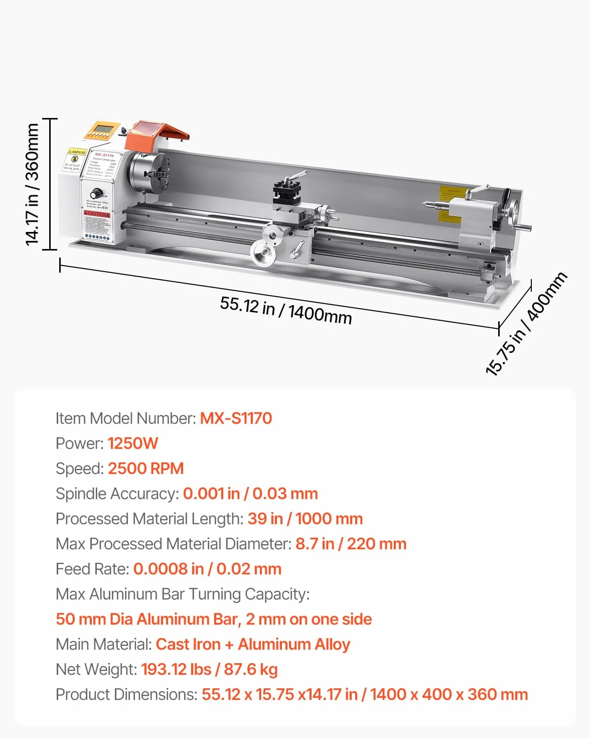 VEVOR Tornio per Metalli Legno, 220 x 1000 mm, Tornio di Precisione da Banco per Metalli, Avanzamento Automatico, Variabile Velocità 2500 Giri al Minuto, Motore Senza Spazzole 1250 W