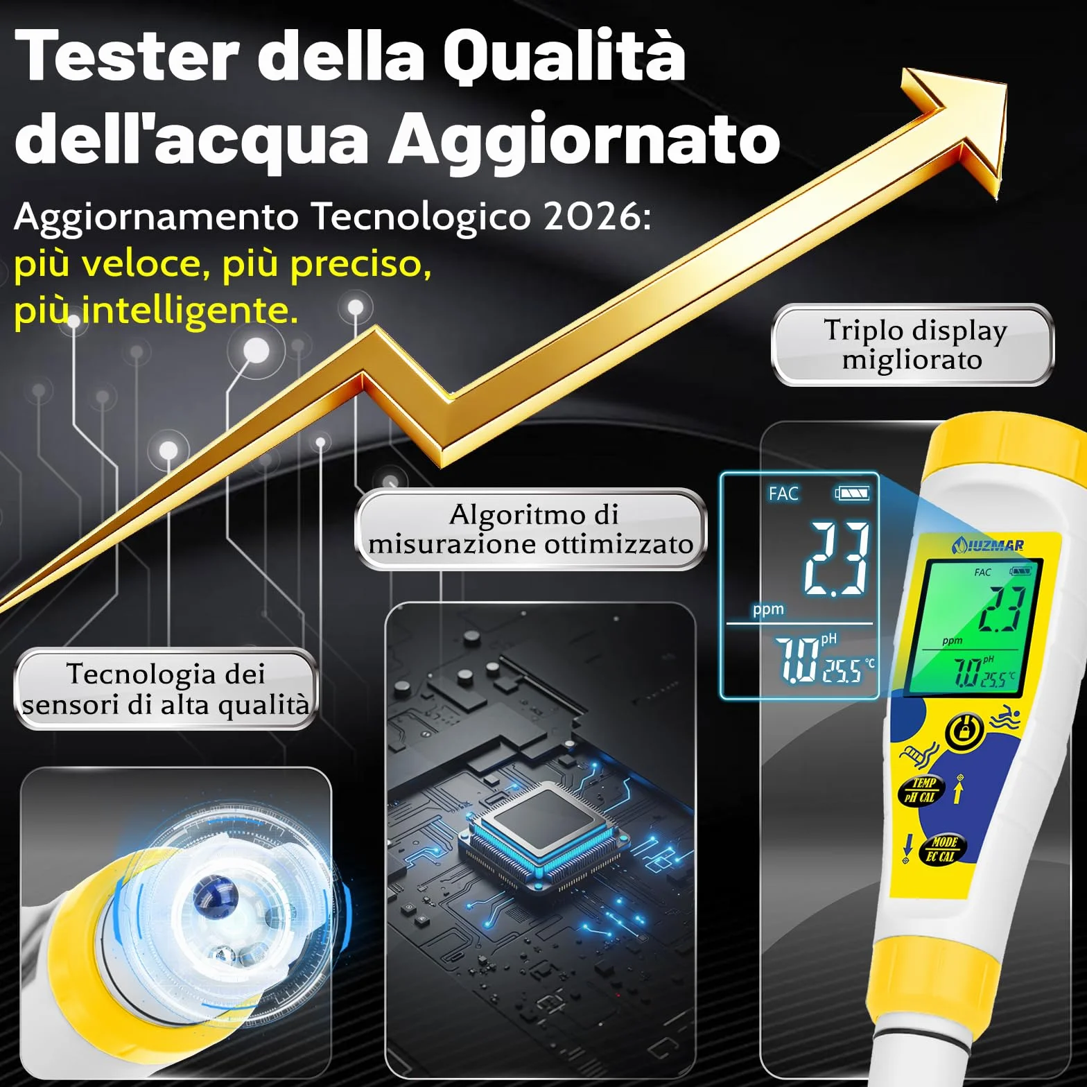 Misuratore Cloro e pH Digitale 7 in 1, Test Piscina pH Cloro Sale Temperatura, Salinità EC TDS ORP per Idroponica