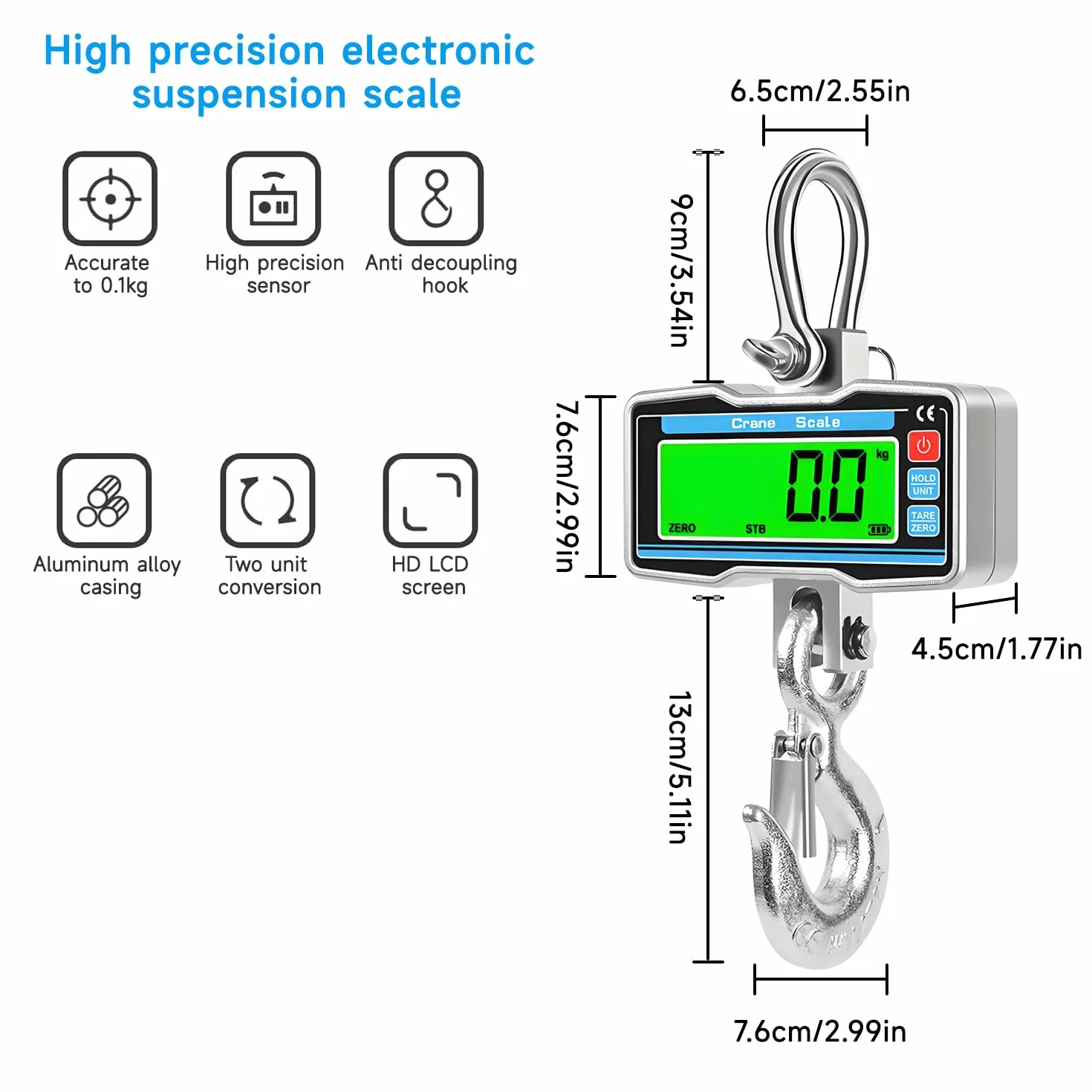 Bilancia a Gru Digitale Industriale 2000 kg con Telecomando, Display LED, Lega di Alluminio, Gancio Acciaio, Precisione 0,5 kg