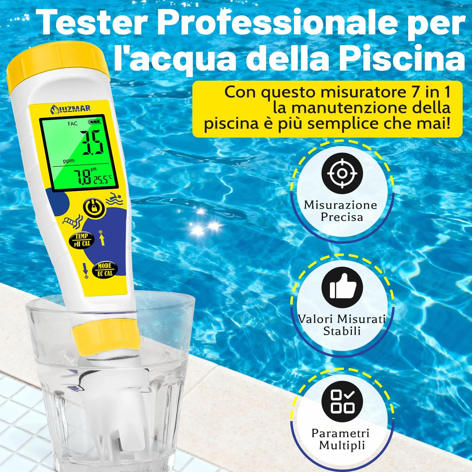 Misuratore Cloro e pH Digitale 7 in 1, Test Piscina pH Cloro Sale Temperatura, Salinità EC TDS ORP per Idroponica