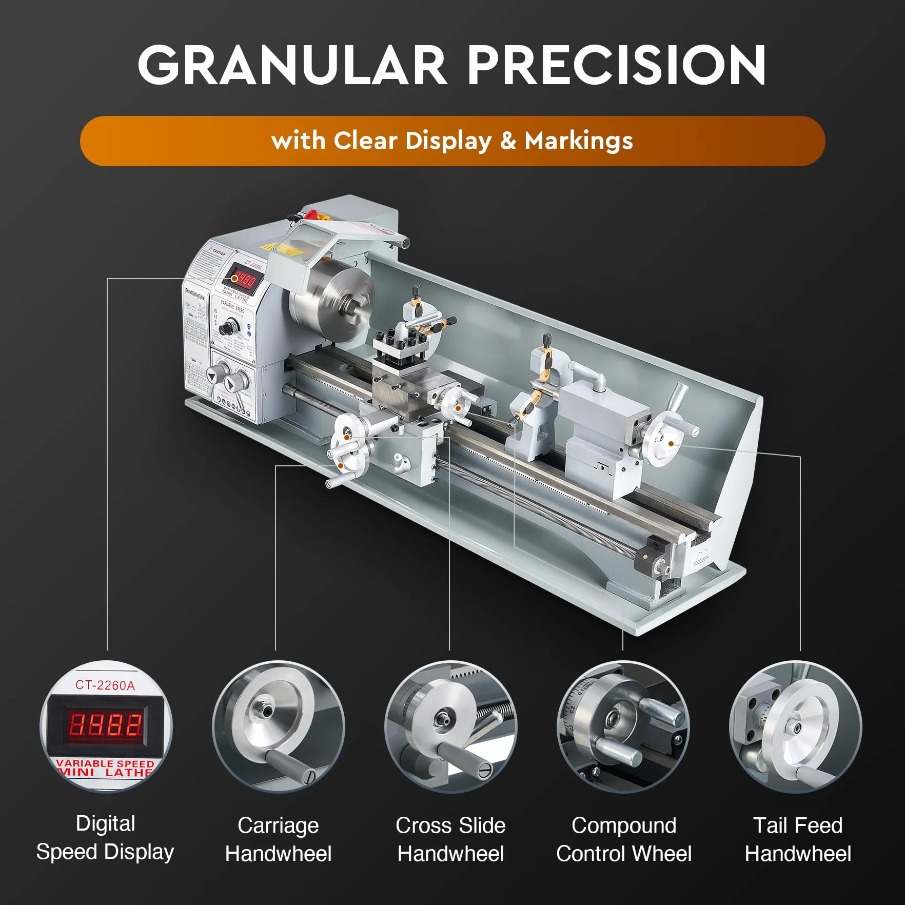 Orion Motor Tech Tornio per Metallo 1100W | Dimensioni 220 x 600 MM | Velocità Variabile 0-3000 rpm | Mandrino a 3 Griffe | Display LCD | Ideale per Tornitura, Filettatura e Foratura
