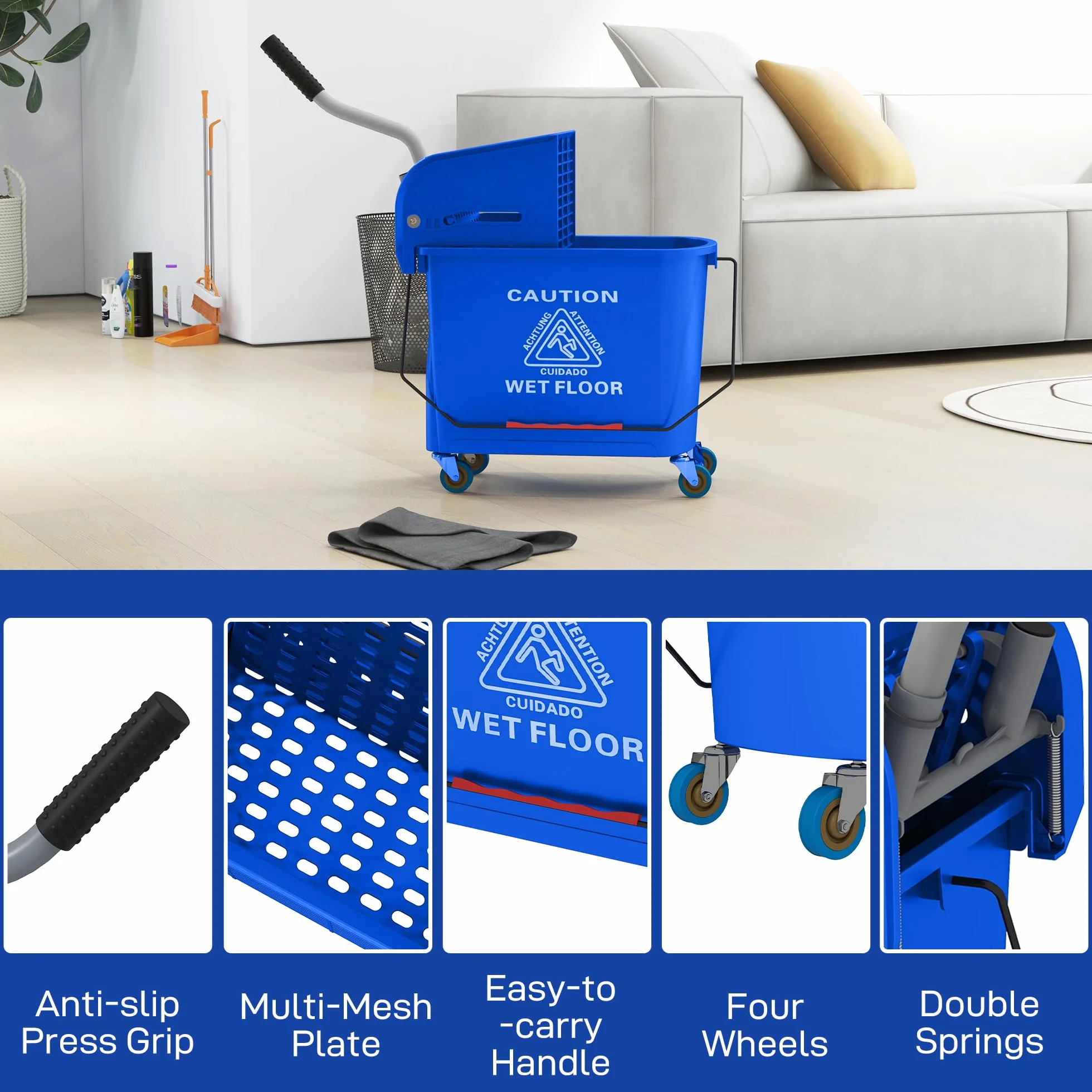 HOMCOM Carrello Pulizie Professionali 20L con Secchio Mocio e Strizzatore, 60x27x70.5 cm, Blu