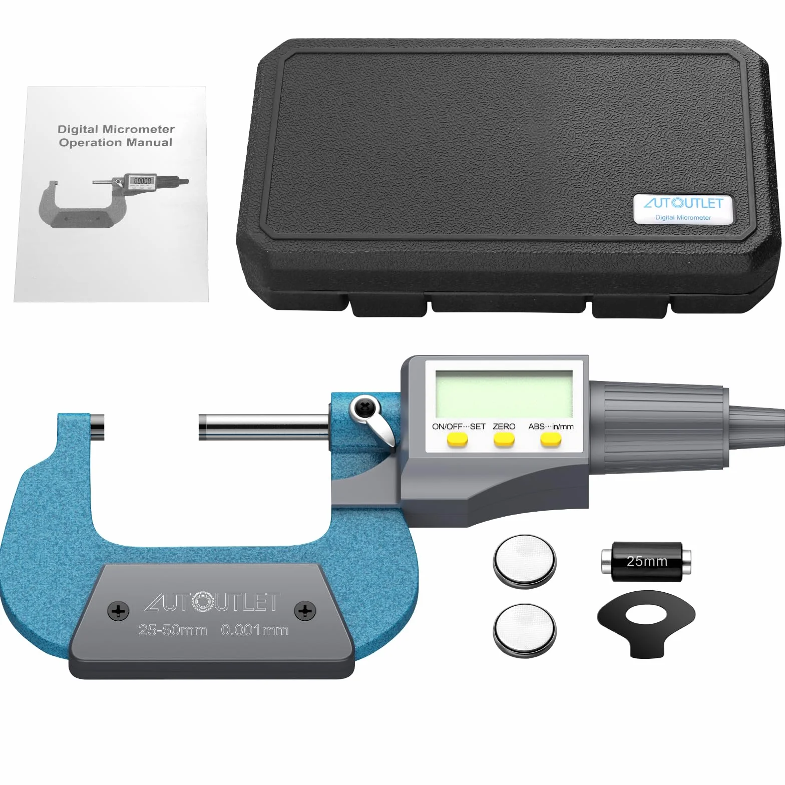 AUTOUTLET Micrometro Digitale Esterno LCD 1-2 pollici 25,4-50,8 mm Incudine in Metallo Duro
