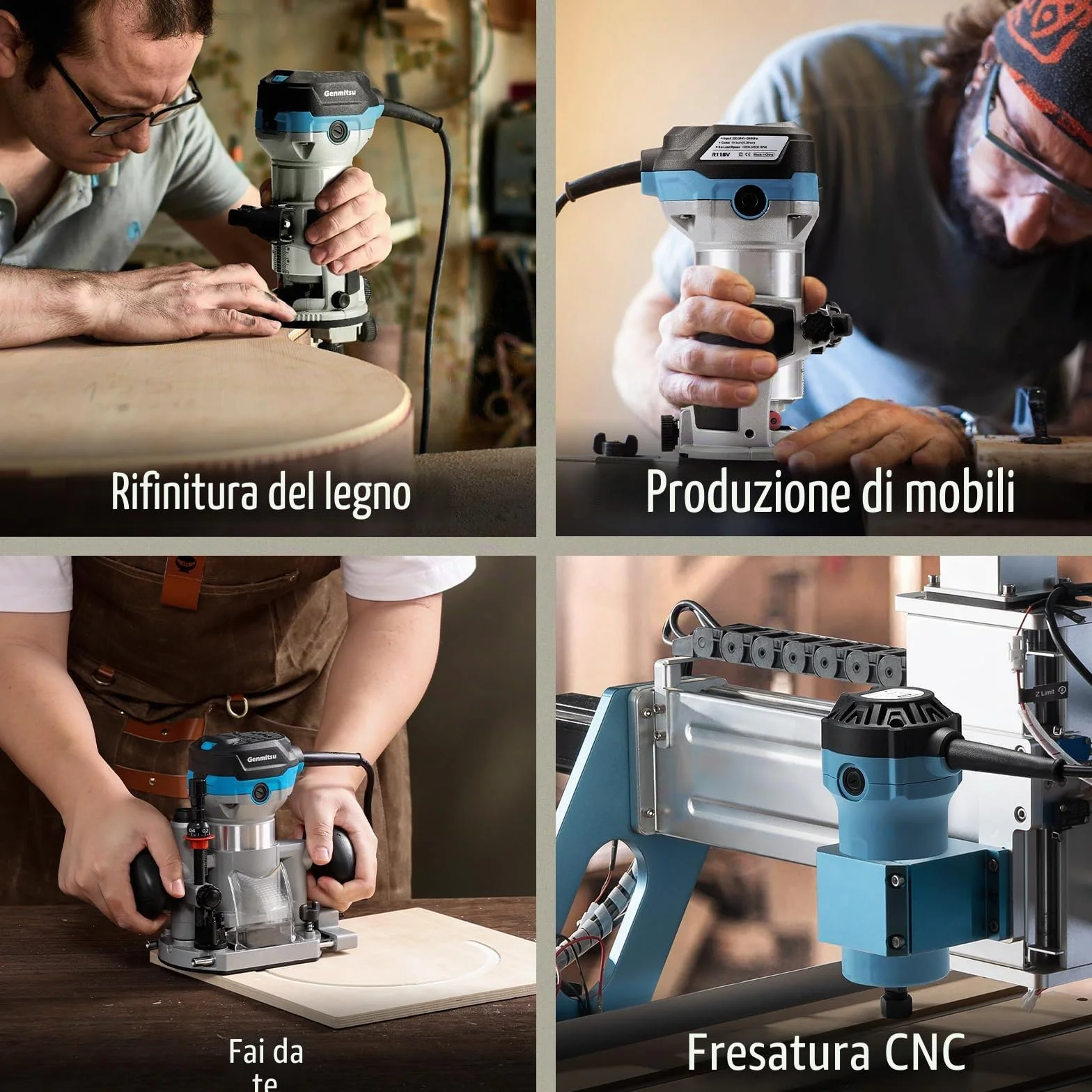 Genmitsu 1,25 HP Palm Trimmer Router, Router compatto per legno con base fissa, 6 velocità variabili 10000-30000 R/MIN, con pinza da 1/4", perfetto per la lavorazione del legno CNC e il fai da te