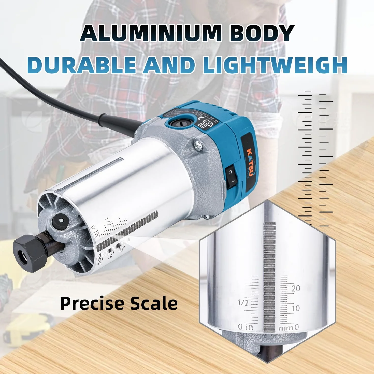 KATSU Tools Fresatrice/trimmer legno elettrica 710 W – soft start, base a immersione, corpo in alluminio, 3 mandrini (1/4", 6 mm, 8 mm) fai-da-te