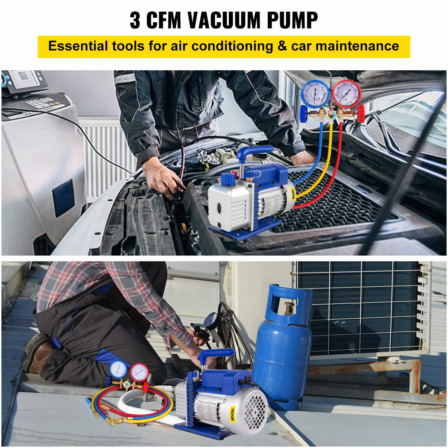 VEVOR Pompa Vuoto per Condizionatori 3CFM 1/4HP, Pompa a Vuoto per Refrigerazione da 85 Lt/min con Manometro AC/DC, Pompa a Vuoto per Condizionatori R22, R134A, R410A