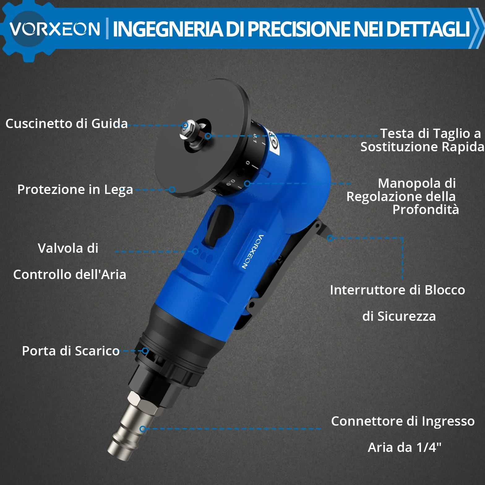 Smussatrice Pneumatica Portatile 45°, Mini Macchina Smussatura Aria 30000 RPM 4 Velocità, Inserti R C Regolabili 0.1-1.5mm Metallo Legno PVC