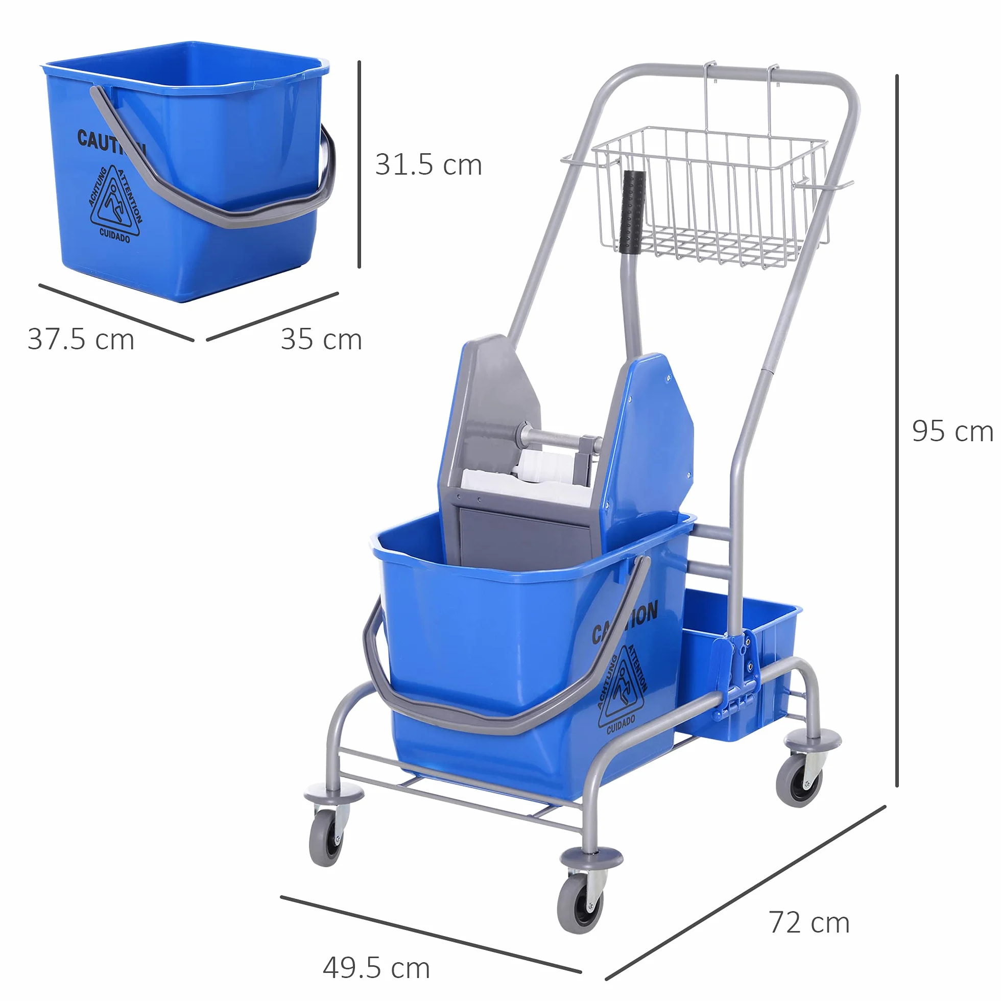 HOMCOM Carrello Pulizie Professionale 72x49.5x95 cm Blu Secchio Lavapavimenti 25L con Strizzatore Cesto Sospeso Ripiano Gancio Multiuso