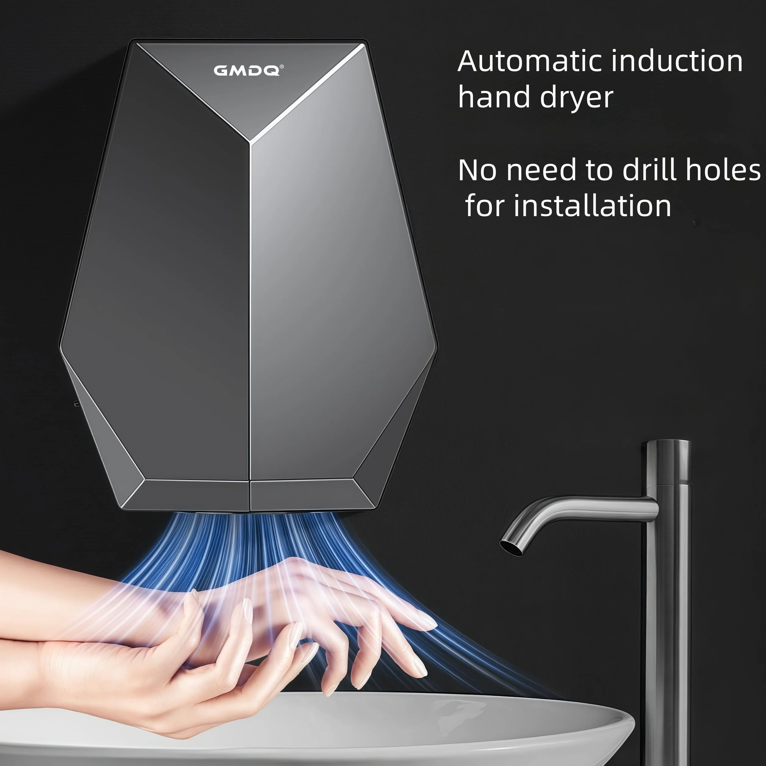 Asciuga mani 1600 W, asciugatrice bagno silenziosa a parete, installazione senza trapano, sensore automatico