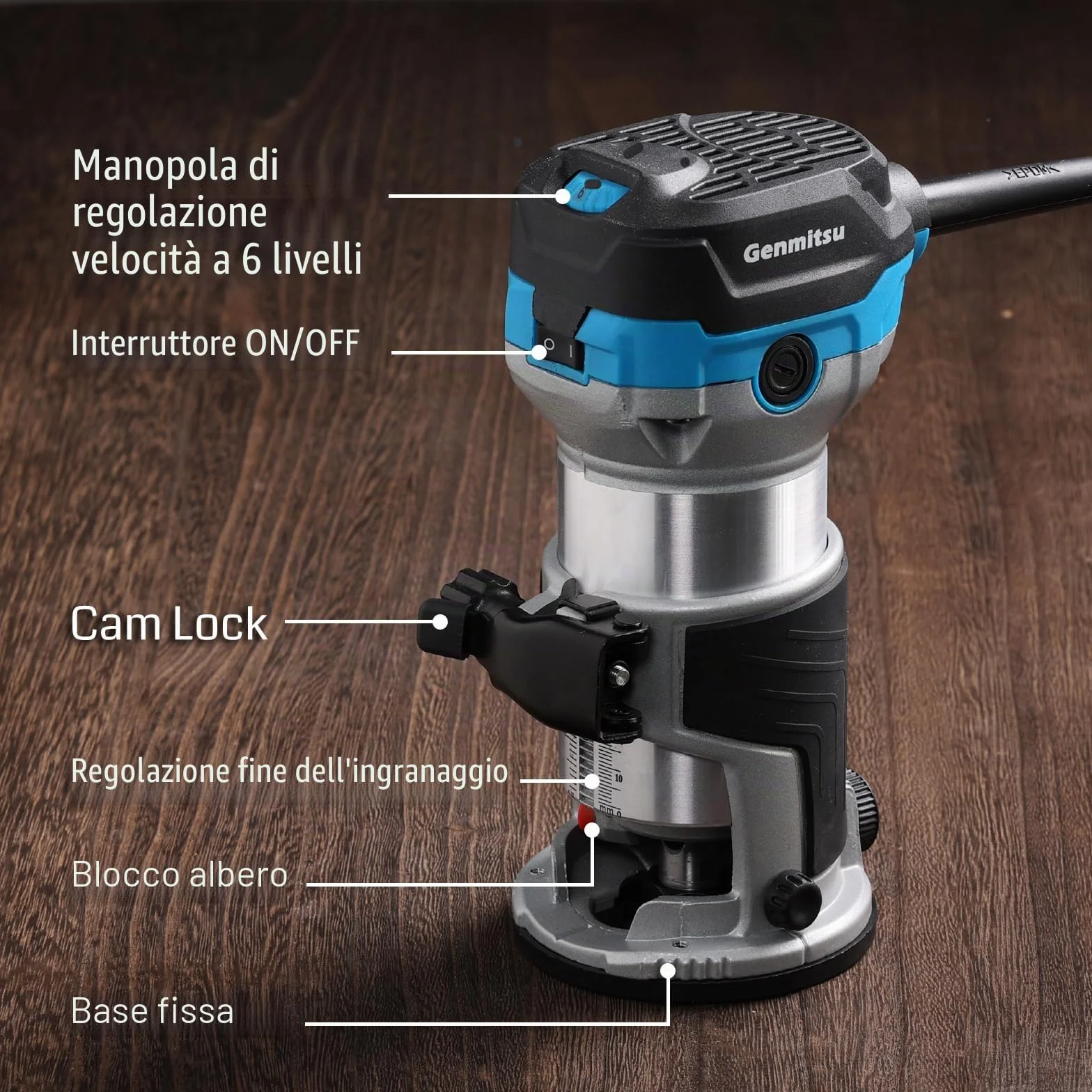 Genmitsu 1,25 HP Palm Trimmer Router, Router compatto per legno con base fissa, 6 velocità variabili 10000-30000 R/MIN, con pinza da 1/4", perfetto per la lavorazione del legno CNC e il fai da te