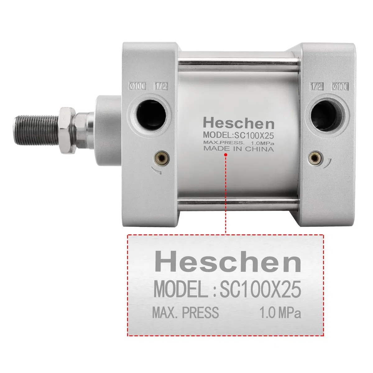 Heschen Cilindro Pneumatico Standard, SC 100-25, PT1/2'' Porta, Alesaggio 100mm, Corsa 25mm, Doppio Effetto