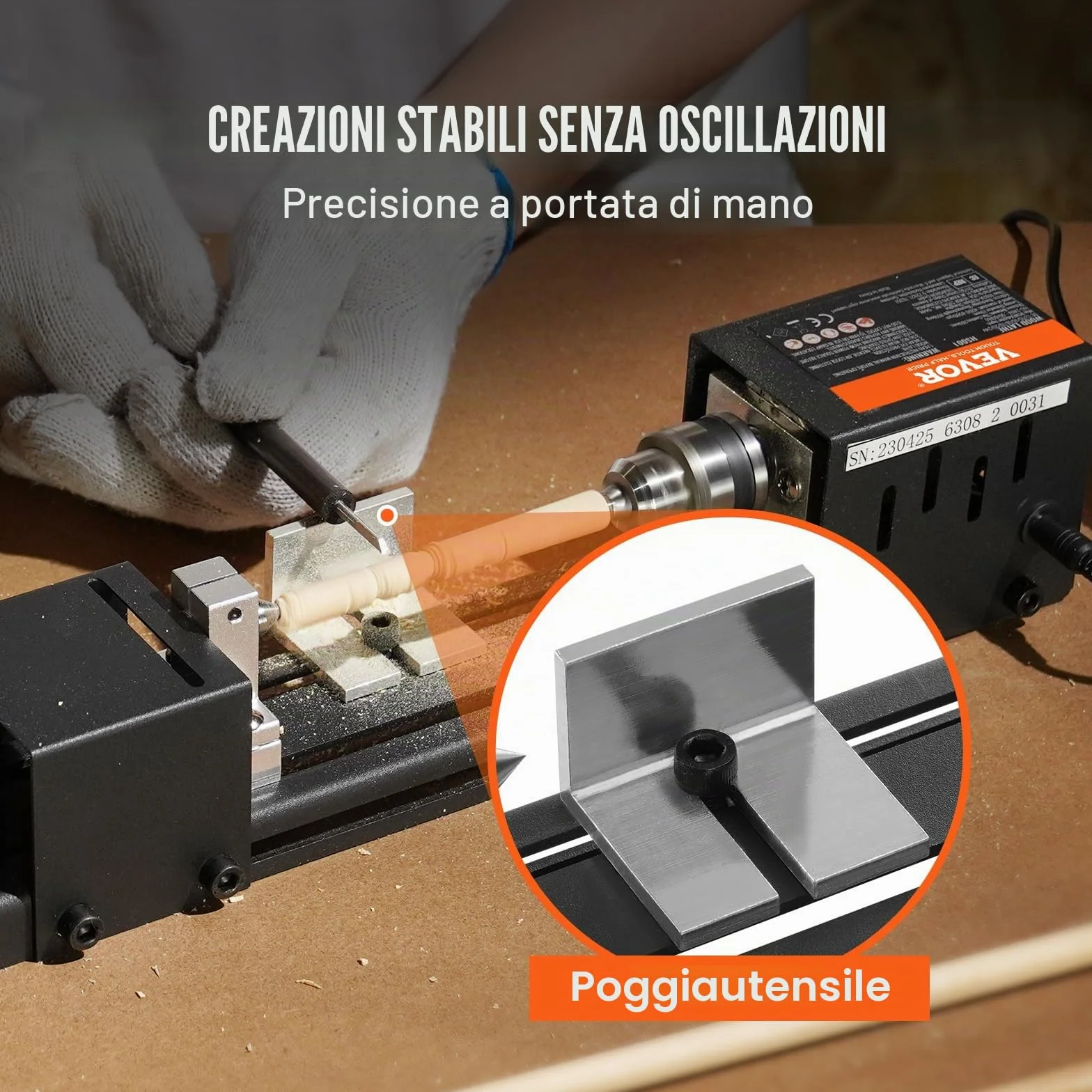 VEVOR Mini Tornio per Legno 96W Utensili Tornio Elettrico di Precisione 7 Velocità Regolabile 4220/5300/5650/6350/6660/7050/8450 giri/min Fresatrice Lavorazione del Legno Fai-da-Te Accessori Completi