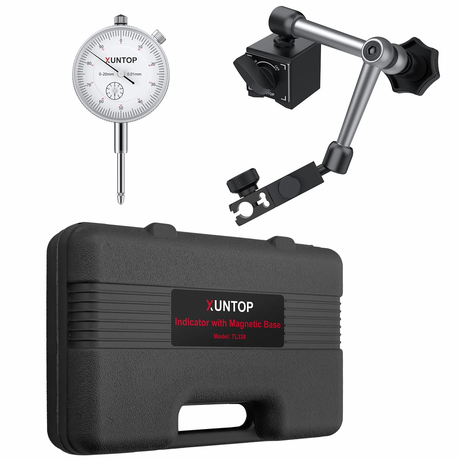 XUNTOP Comparatore Centesimale Meccanico 0-20mm + Base Magnetica Multidirezionale 60KG Misurazione Precisione 0.01mm Set Professionale con Comparatore Test DTI per Tornio, Stampante 3D, CNC, Auto