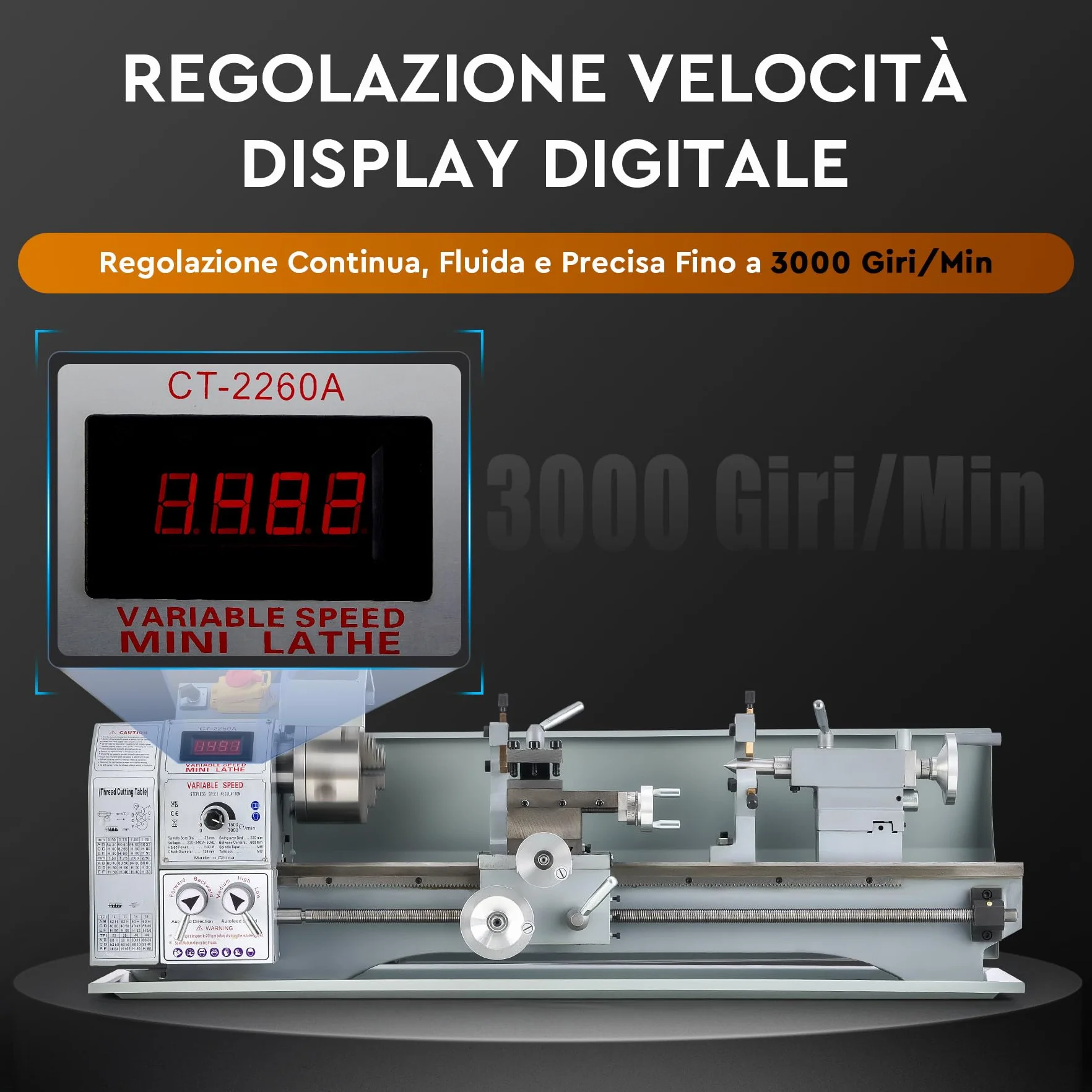 CREWORKS 1100W Tornio per Metallo 220 x 600 MM a Velocità Variabile 0-3000rpm con Mandrino a 3 Griffe e Display LCD per Filettatura, Tornitura, Foratura, Lucidatura