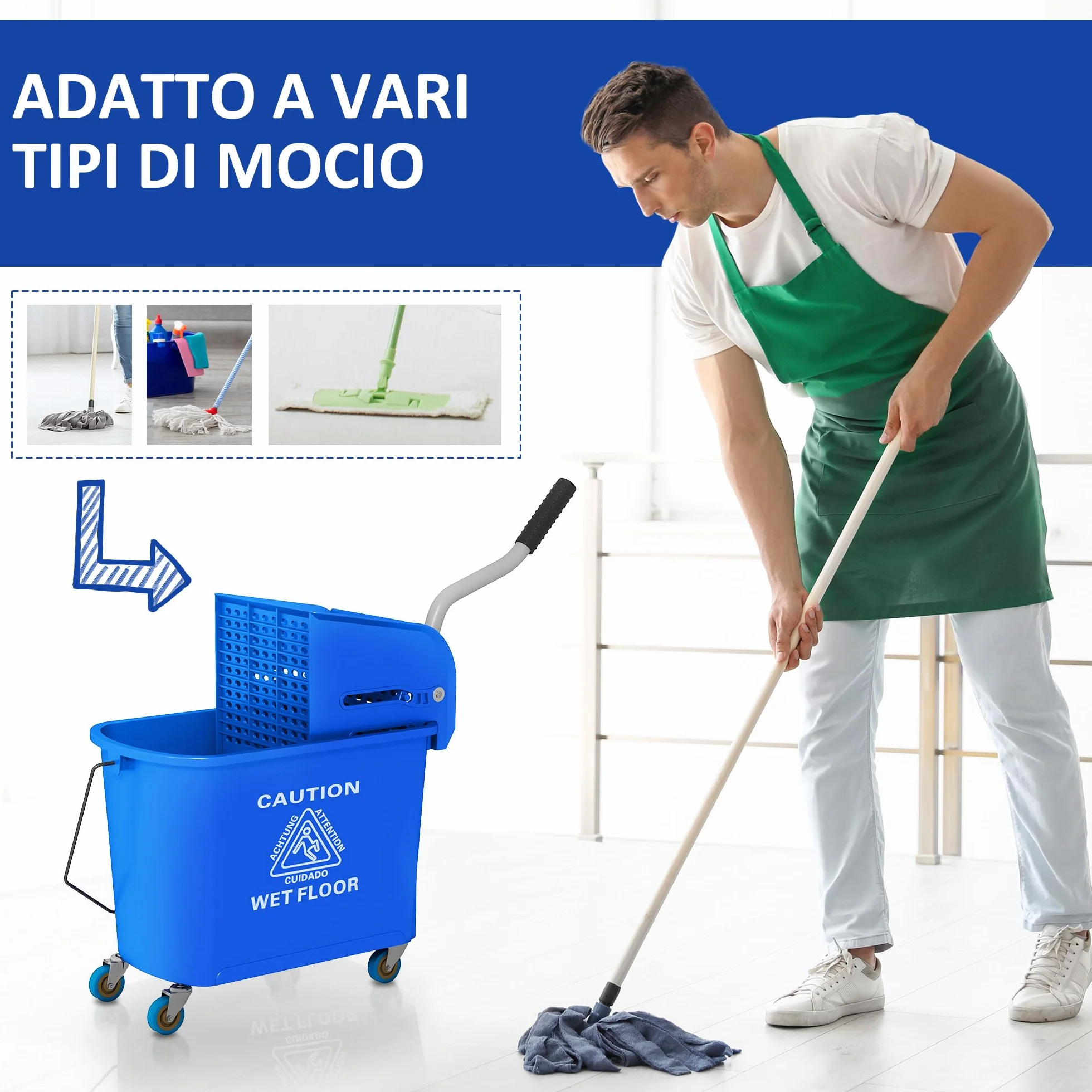 HOMCOM Carrello Pulizie Professionali 20L con Secchio Mocio e Strizzatore, 60x27x70.5 cm, Blu