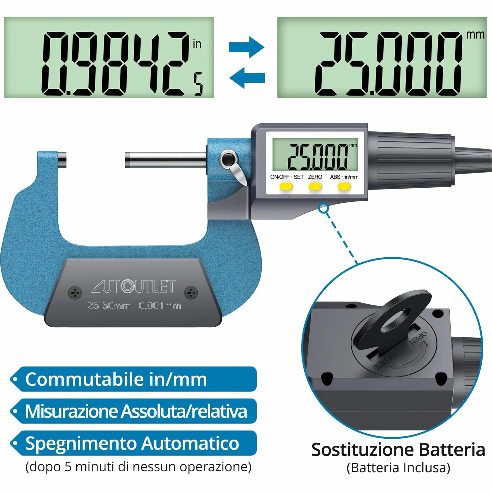 AUTOUTLET Micrometro Digitale Esterno LCD 1-2 pollici 25,4-50,8 mm Incudine in Metallo Duro