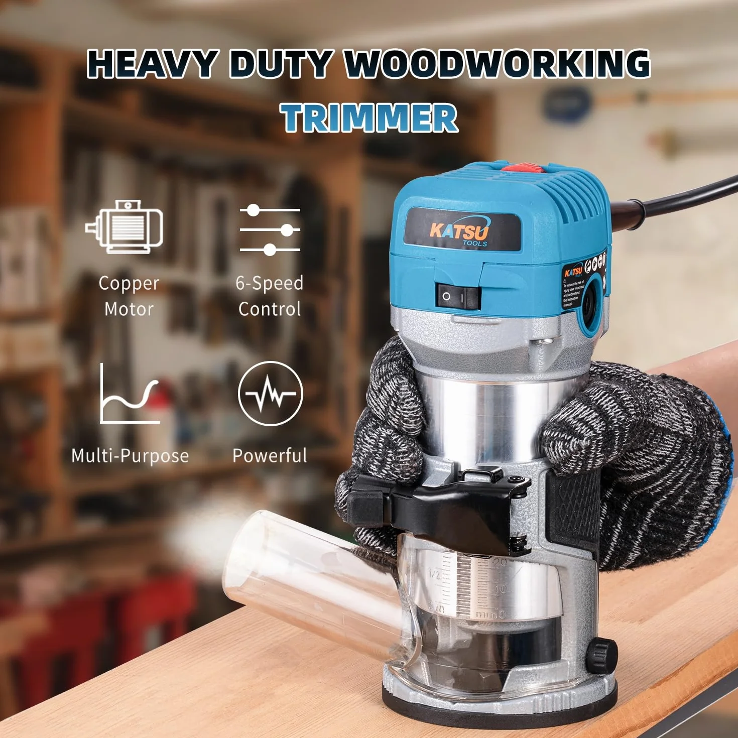 KATSU Tools Fresatrice/trimmer legno elettrica 710 W – soft start, base a immersione, corpo in alluminio, 3 mandrini (1/4", 6 mm, 8 mm) fai-da-te